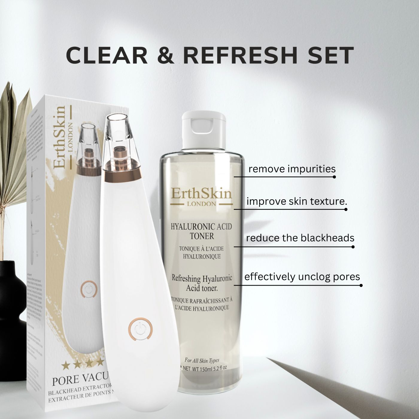 Ensemble Clear & Refresh ErthSkin London. Flacon de toner et appareil Pore Vacuum. Appareil blanc avec détails dorés.