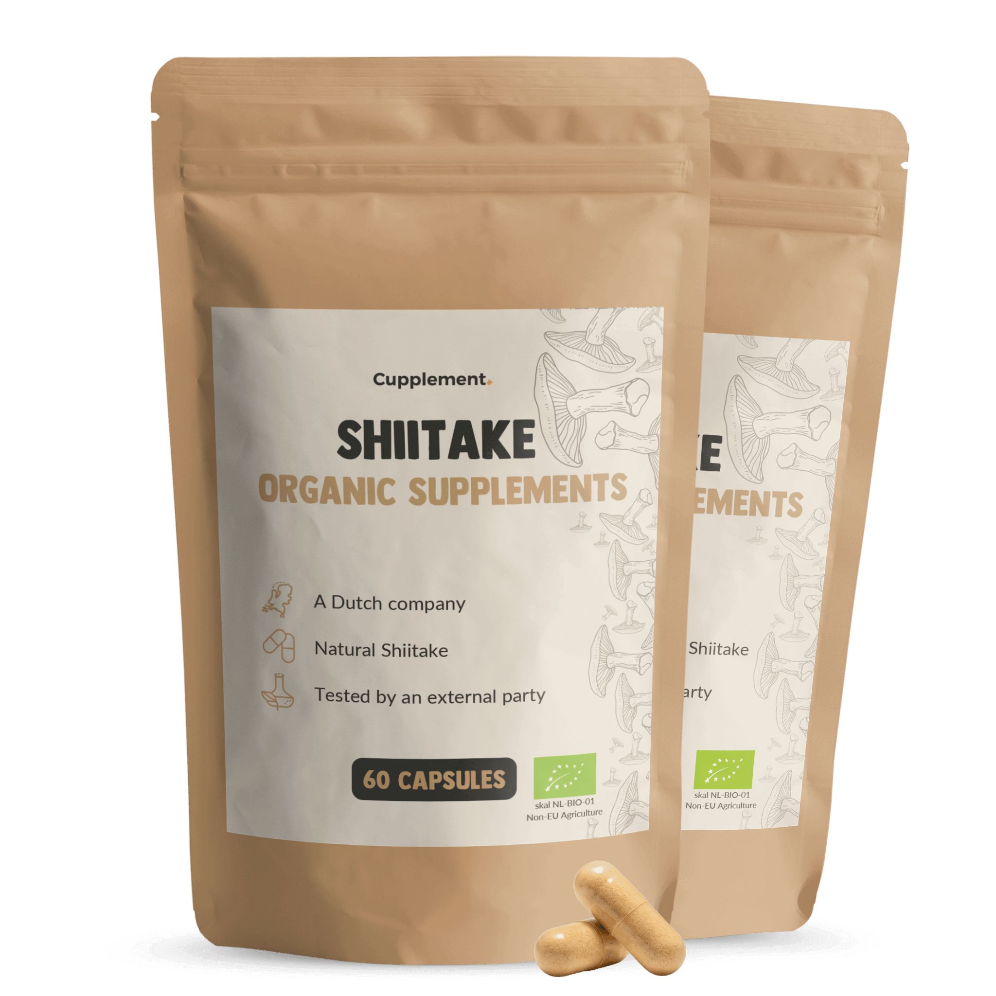 Twee zakjes met shiitake capsules. Opschrift: Shiitake Organic Supplements. 60 capsules. BIO-keurmerk.