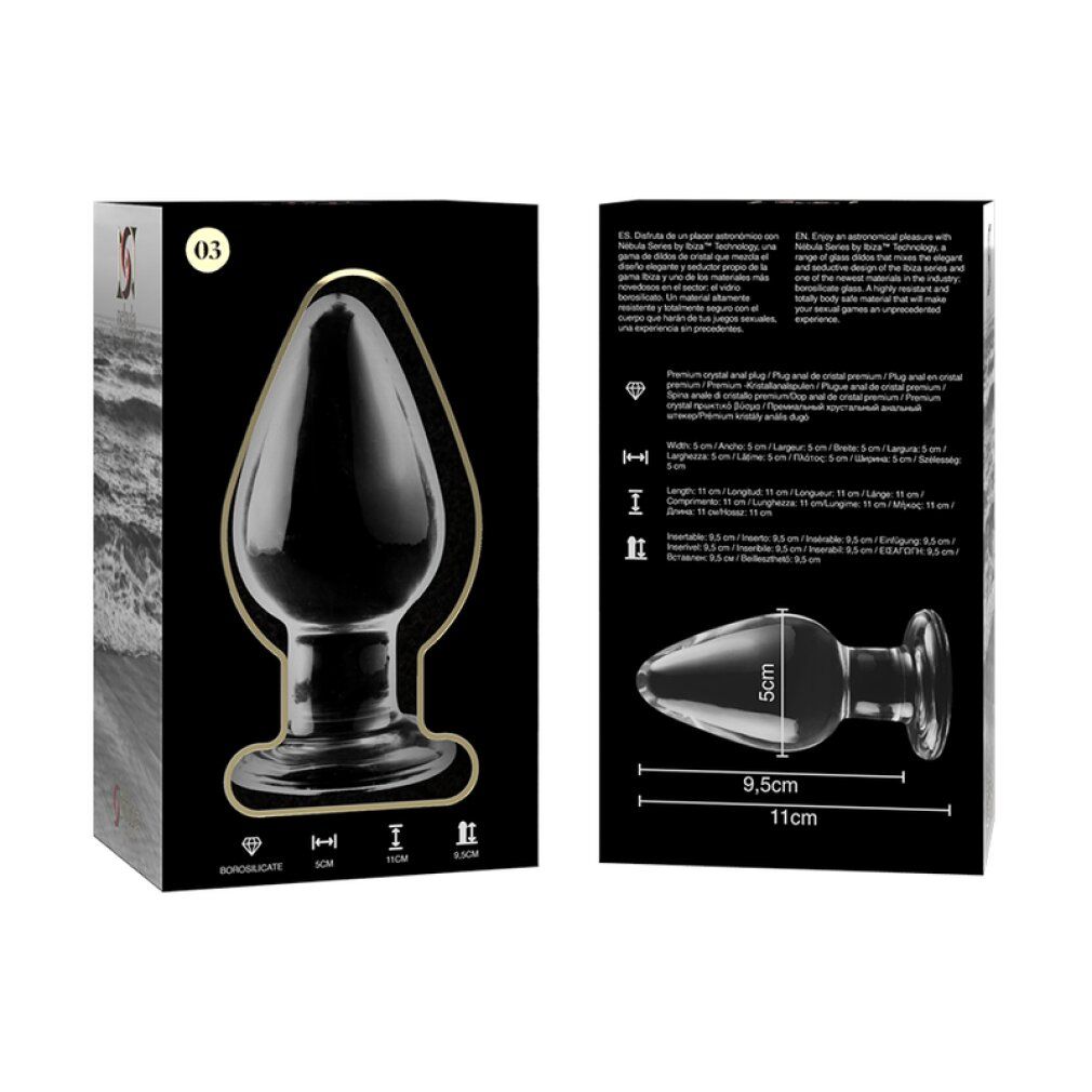 Plug anal en verre transparent avec base large, forme conique. Emballage avec illustration et dimensions.