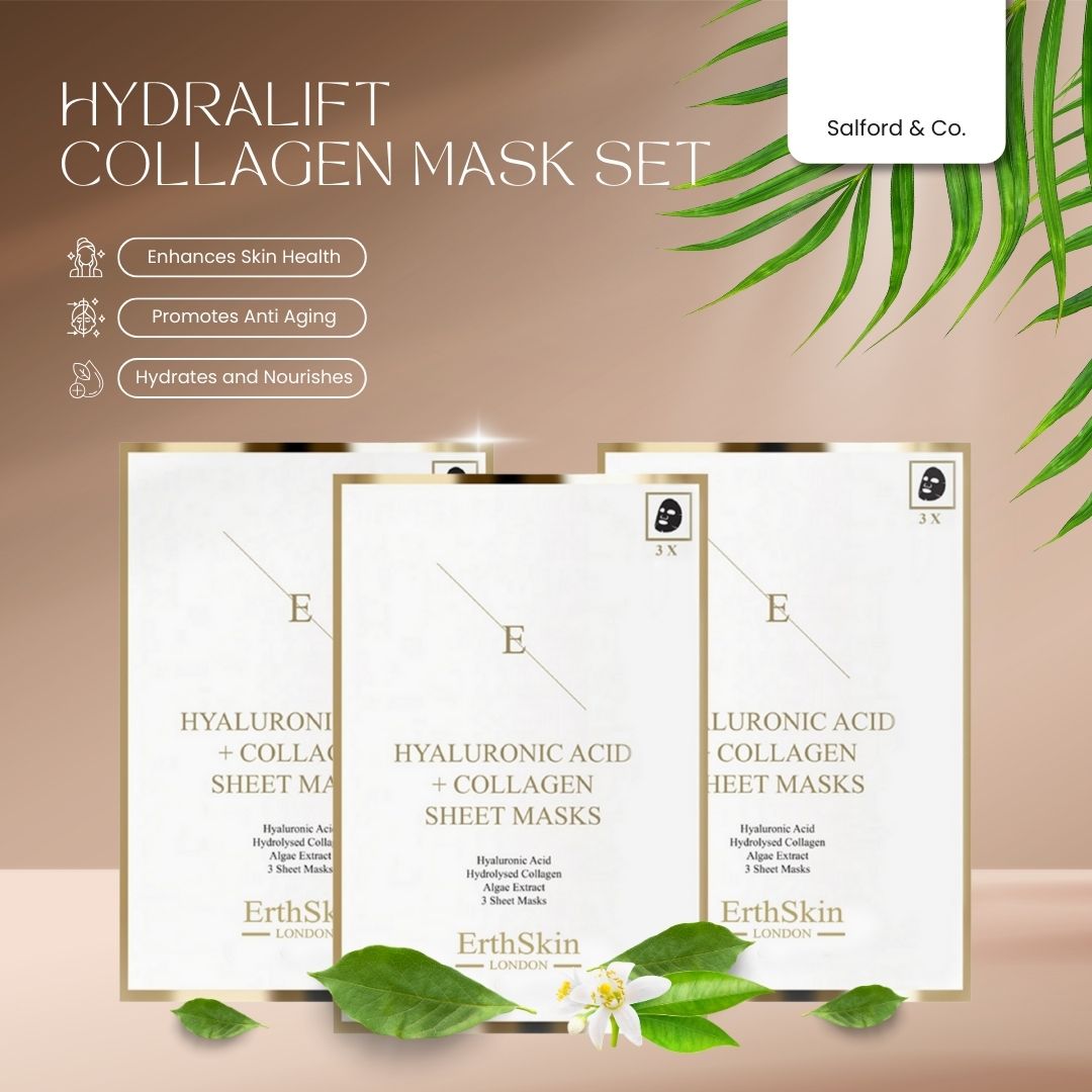 Gezichtsmaskerset. ErthSkin London, hyaluronzuur- en collageenmaskers. 3 masker verpakkingen. Tekst: Hydralift Collagen Mask Set.