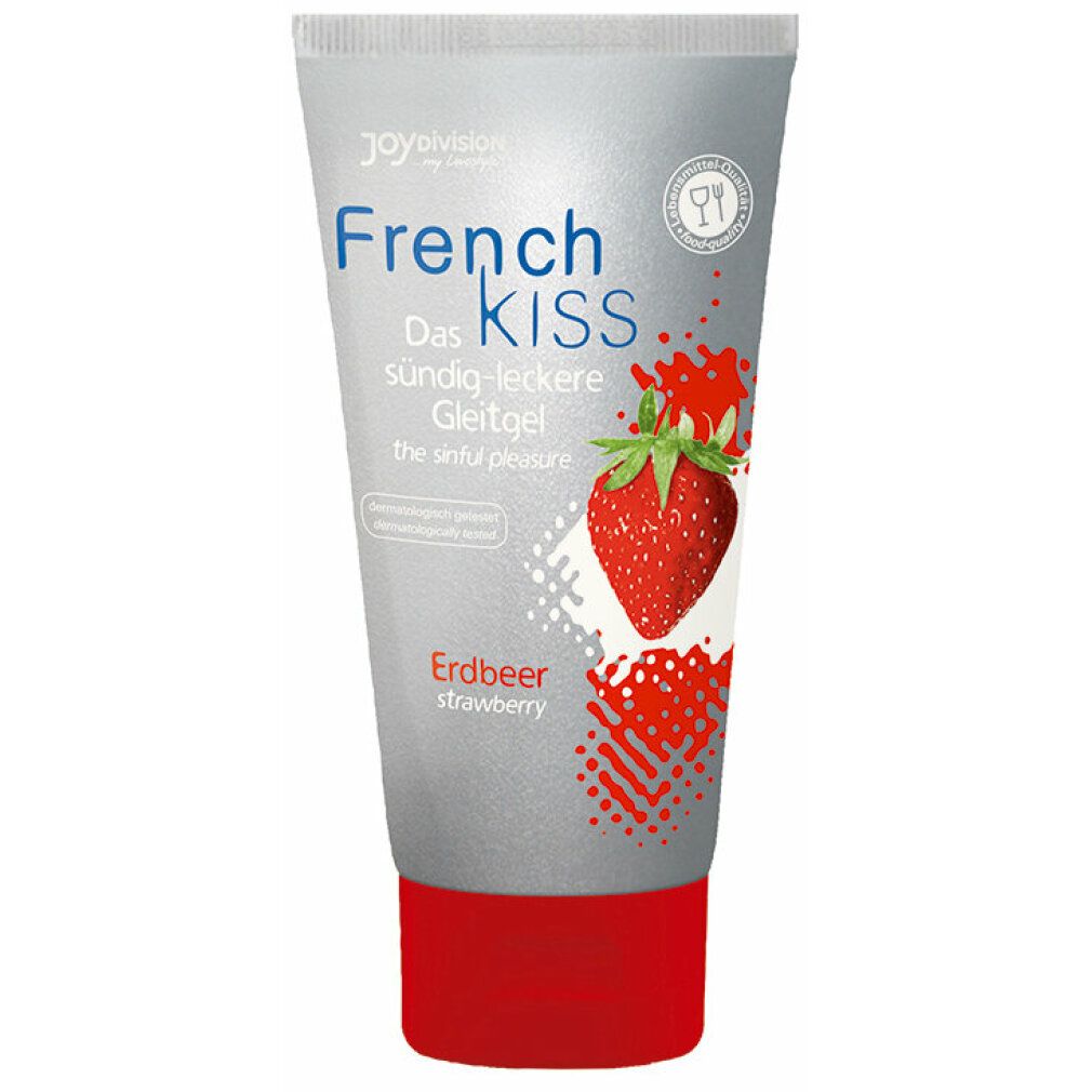 Tube gris avec bouchon rouge. Inscription: French Kiss, fraise. Illustration d'une fraise.
