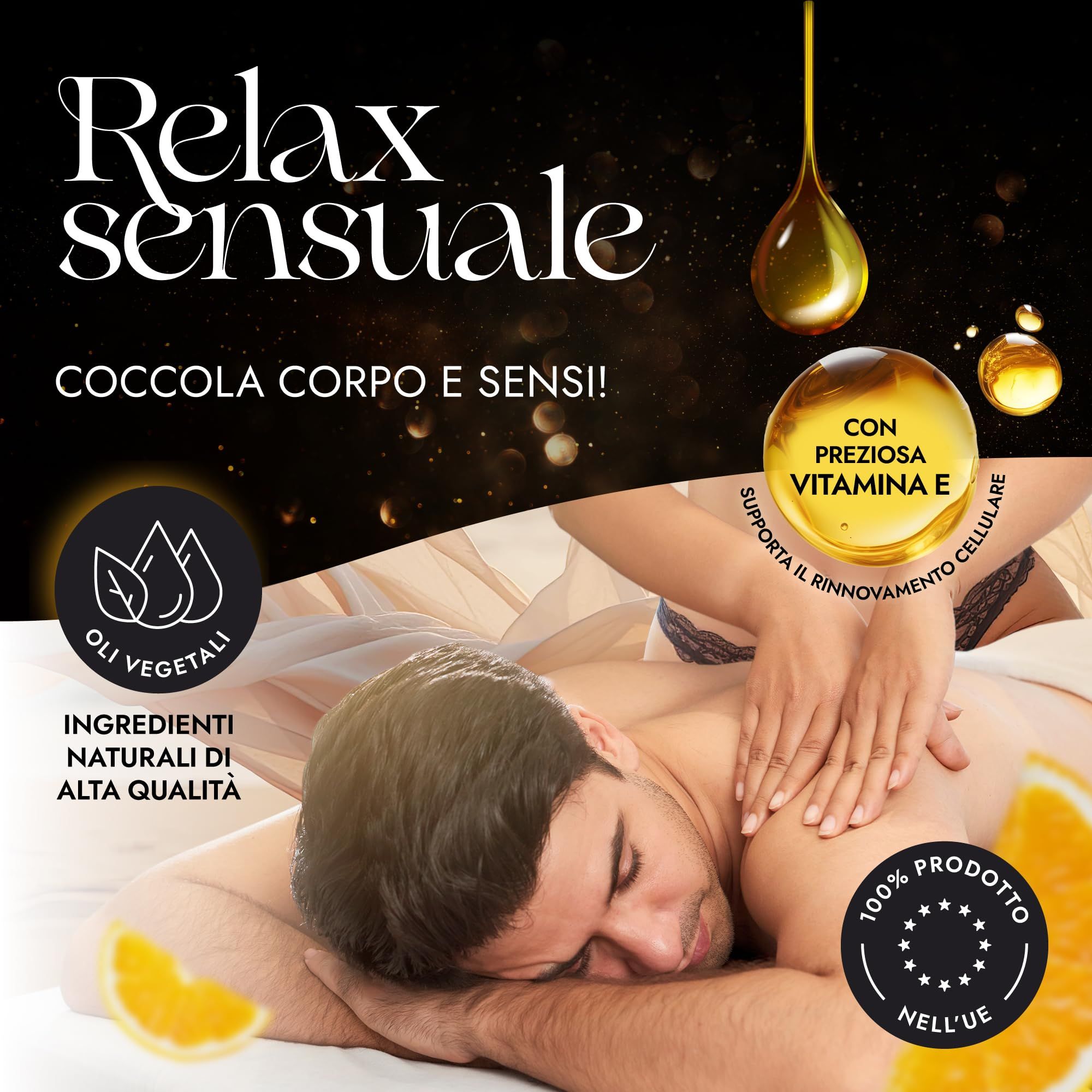 Een man krijgt een rugmassage, omringd door sinaasappelschijfjes en oliedruppels.