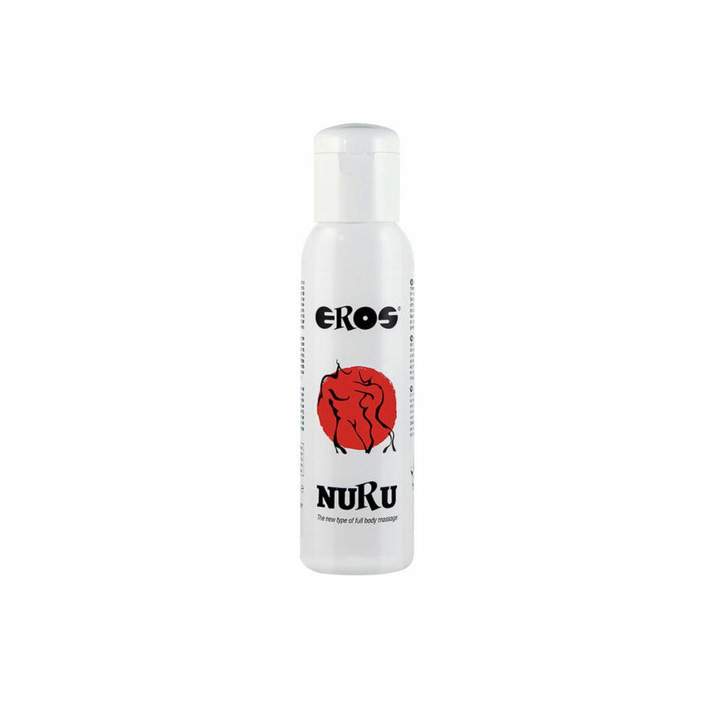 Flacon blanc avec bouchon blanc. Inscription: EROS, cercle rouge avec figures, NURU.