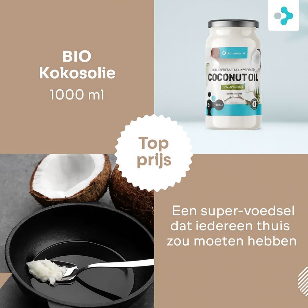 Productafbeelding met kokosolie. Tekst: BIO Kokosöl, 1000 ml. Kokosnoot en pan met olie.