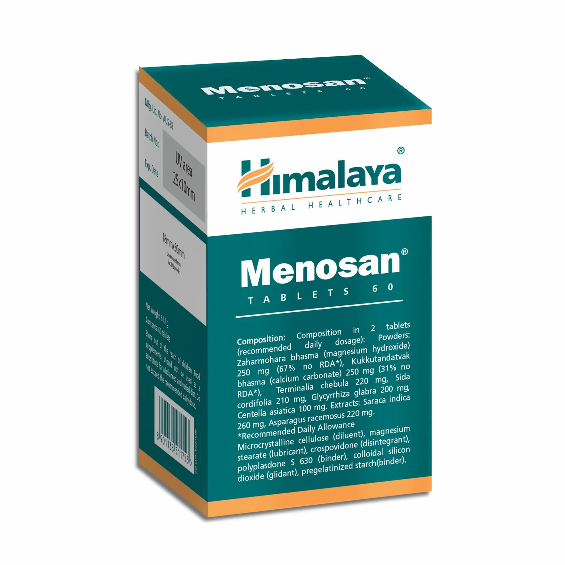 Boîte de comprimés Menosan. Carton vert et blanc avec logo Himalaya et nom du produit. Contient 60 comprimés. Informations sur les ingrédients et le dosage.