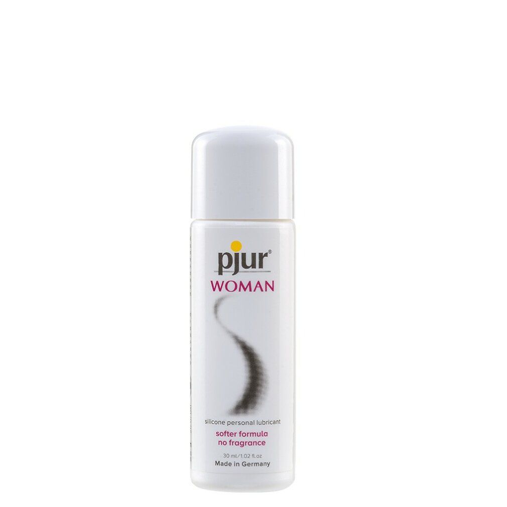 pjur WOMAN, lubrifiant silicone. Flacon blanc, logo jaune. Ligne noire incurvée. Texte: softer formula no fragrance, 30 ml.