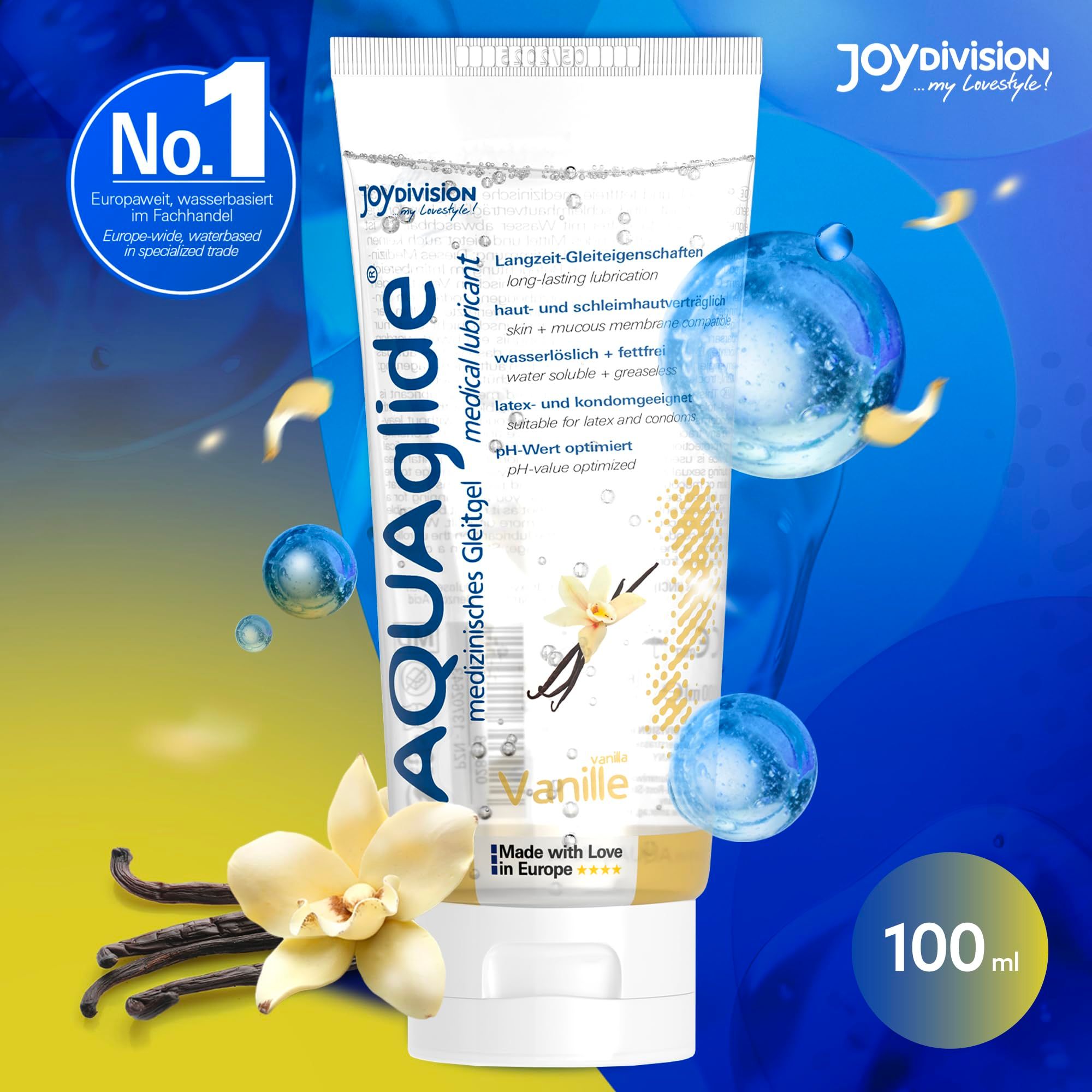 Tube de gel lubrifiant AQUAGLIDE Vanille avec gouttes d'eau, fleurs et gousses de vanille. 100ml.