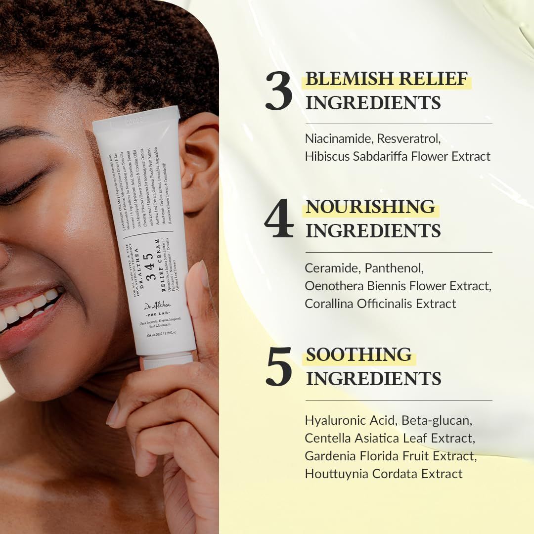 Femme tenant un tube DR.ALTHEA 345 Relief Cream. Texte à côté: 3 ingrédients, 4 ingrédients, 5 ingrédients.