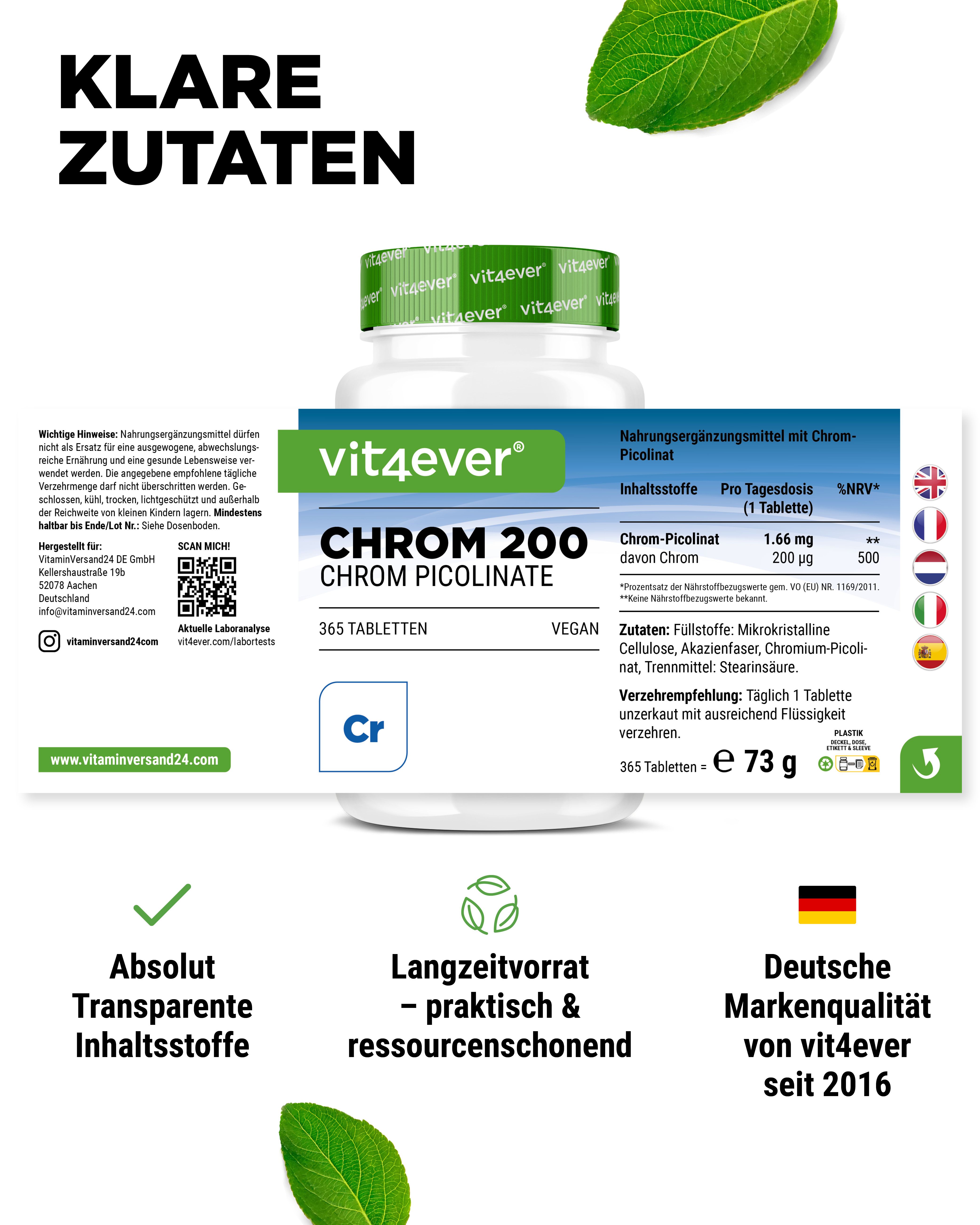 Vit4ever Chrome 200 Picolinate: Flacon de 365 comprimés, 200 mcg de chrome, fabriqué en Allemagne, qualité depuis 2016.