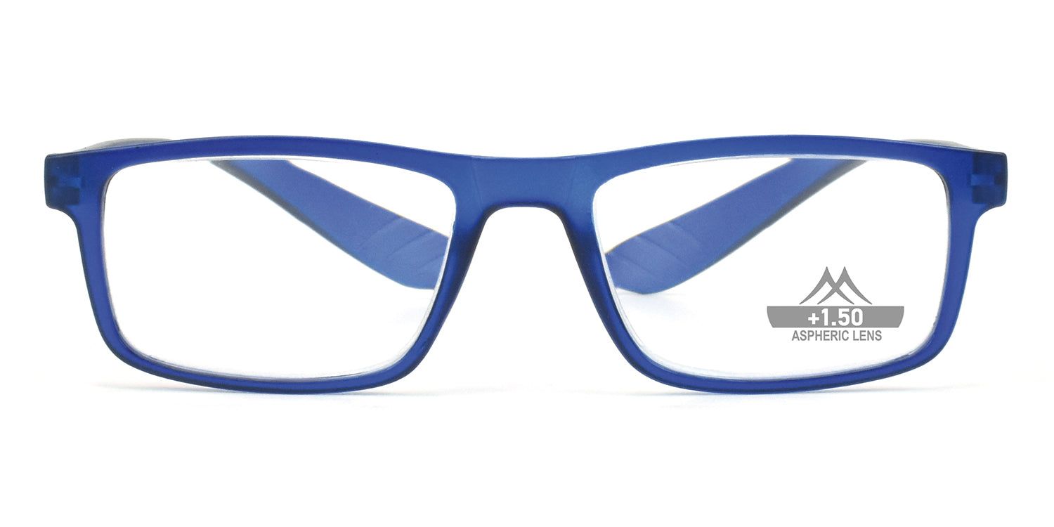 Lunettes bleues à verres rectangulaires. "+1.50 Aspheric Lens" est inscrit sur un verre.