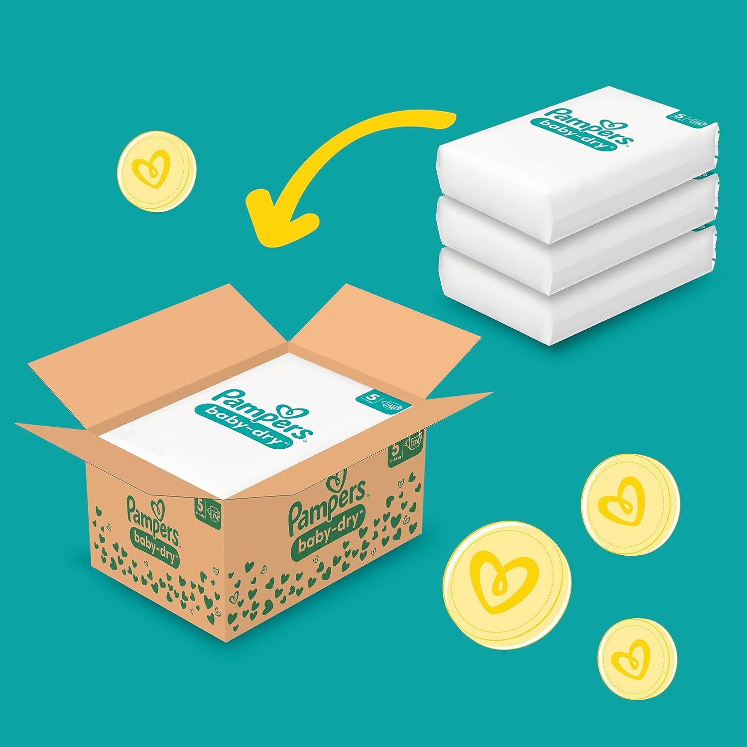 Boîte en carton ouverte avec couches Pampers Baby-Dry. Trois paquets de couches à côté. Symboles de cœur jaunes.