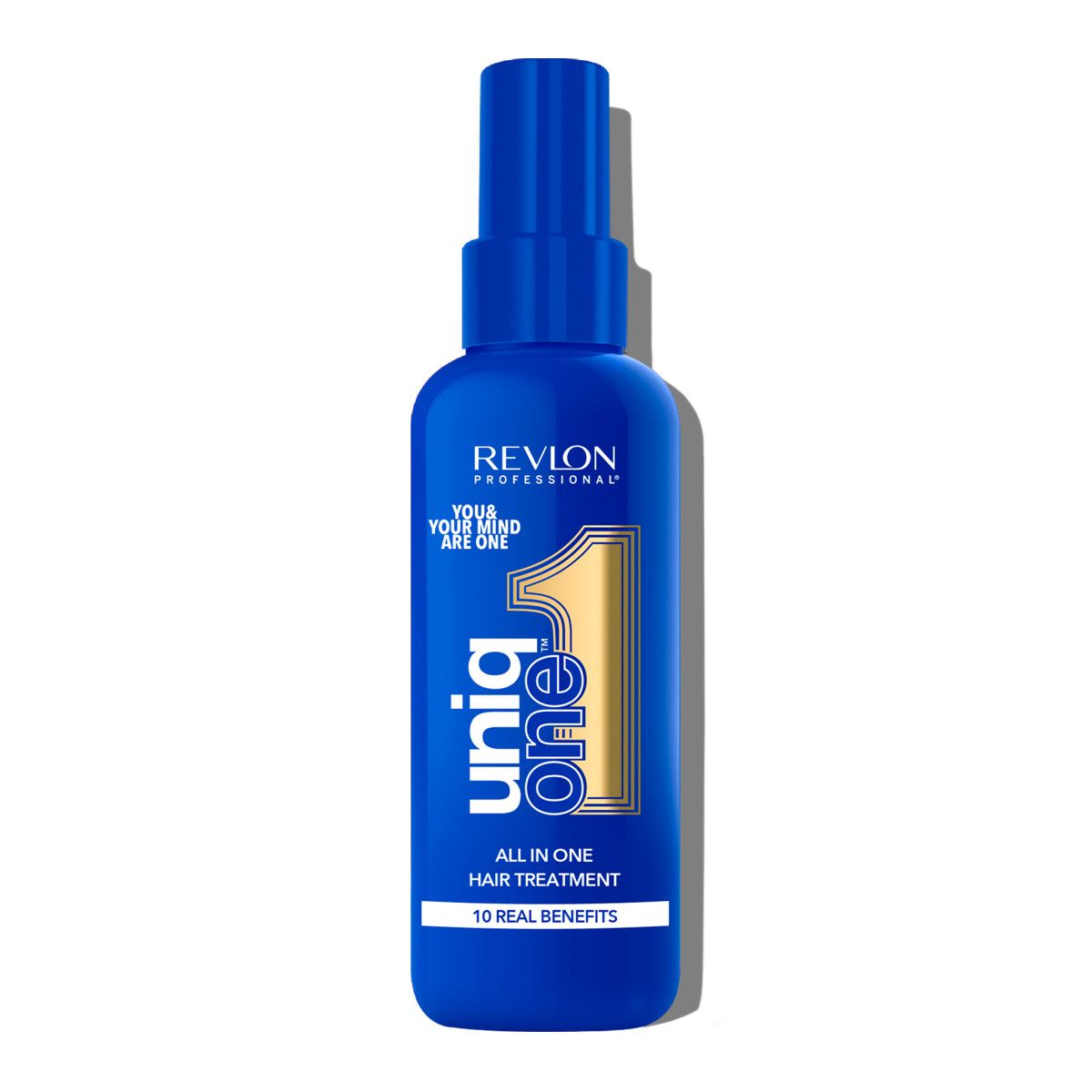 Flacon bleu avec vaporisateur. Inscription : UniqOne, All in One Hair Treatment, Revlon Professional.