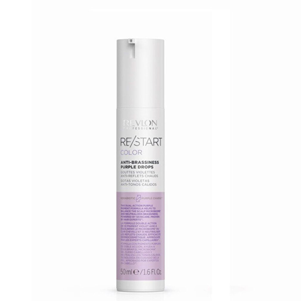 Witte-paarse fles met tekst: Revlon Re-Start Color Anti-Brassiness Purple Drops. 50ml/1.6 fl.oz.
