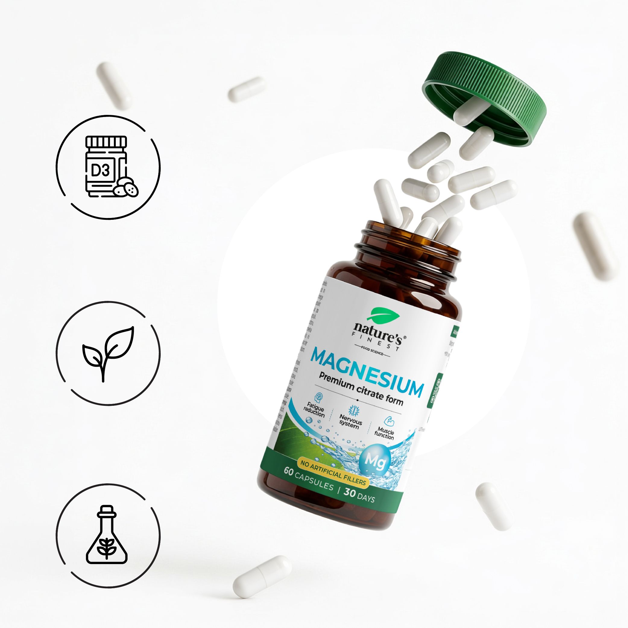 Une bouteille de Nature's Finest Magnesiumcitrate avec des capsules volantes et des icônes pour D3, feuille et fiole.