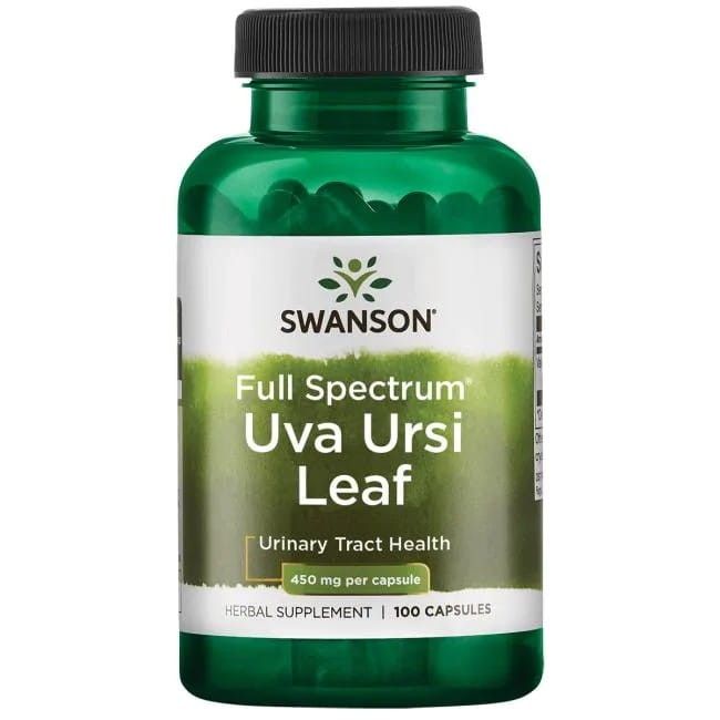 Groene capsule met zwarte dop, etiket met 'SWANSON Full Spectrum Uva Ursi Leaf 450 mg'.