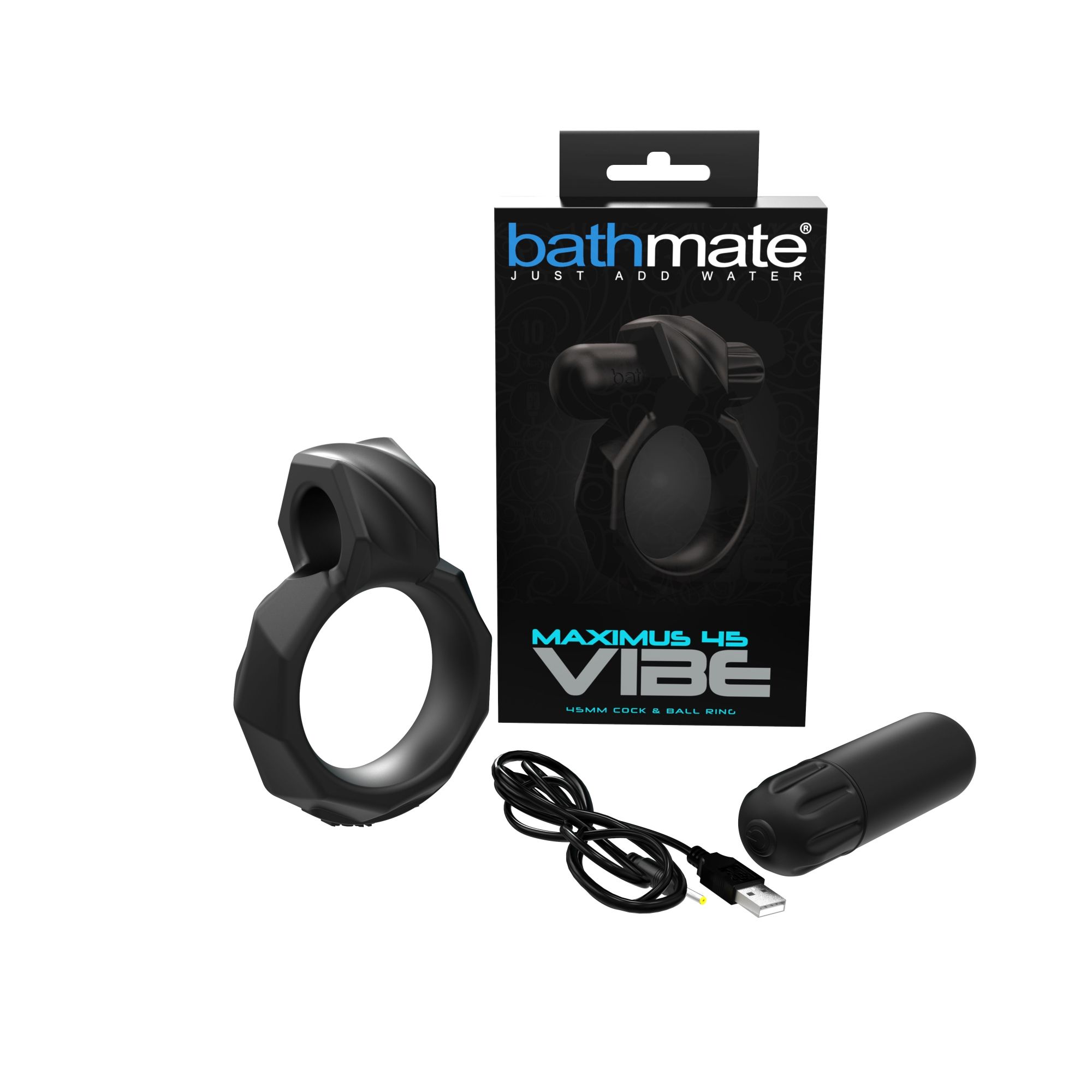 Zwart vibrerend ring, oplaadkabel, verpakking met productnaam en logo.