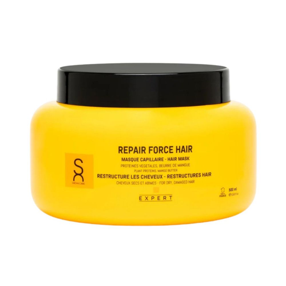 Pot jaune avec couvercle noir. Inscription: Repair Force Hair, masque capillaire. Pour cheveux secs et abîmés. Expert.
