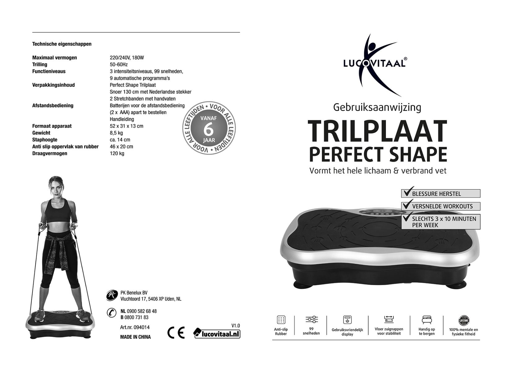 Manuel d'instructions pour la plateforme Perfect Shape de Lucovitaal. Avec image du produit, spécifications techniques et garantie.