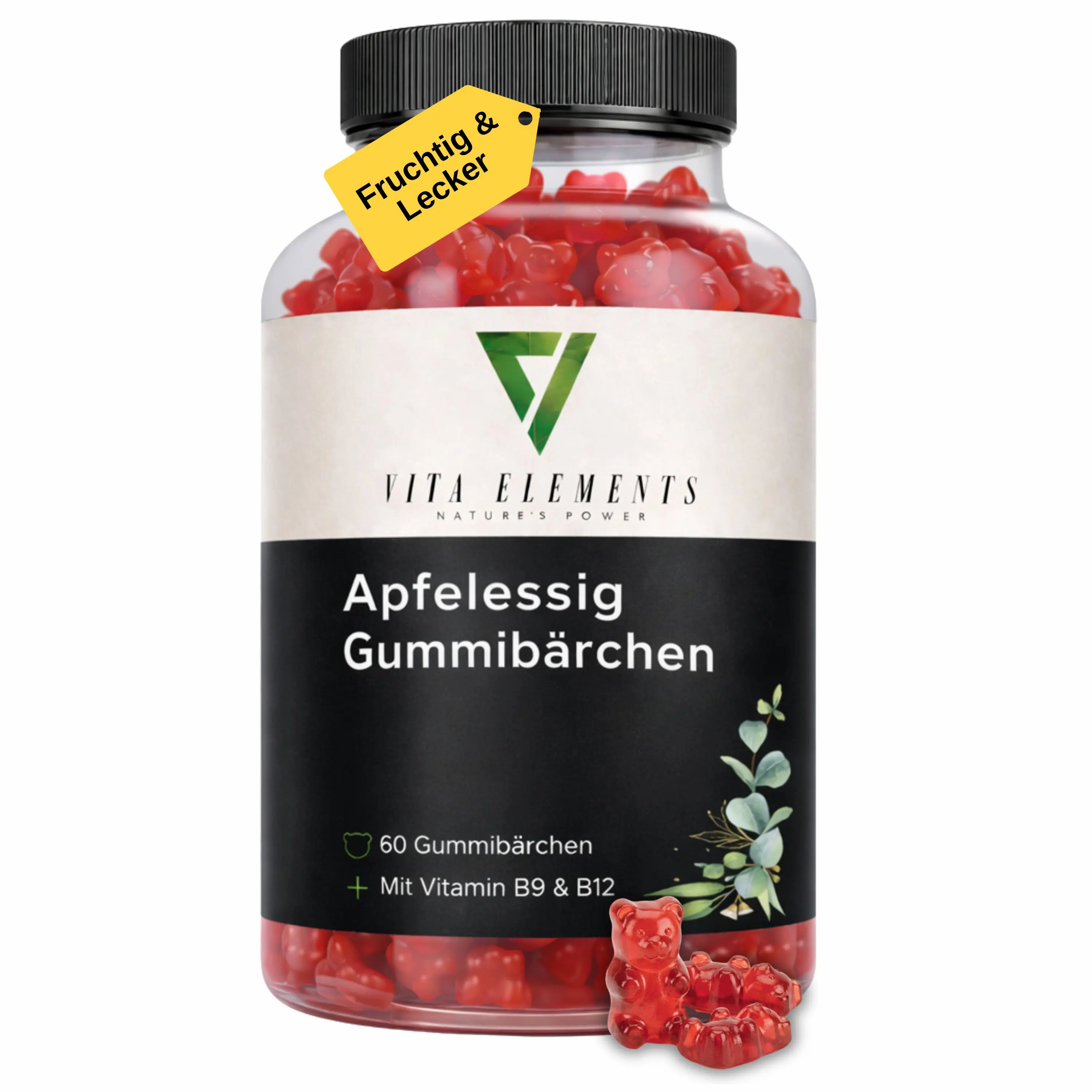 Fles met rode appelcidergummies, etiket met productinformatie en gele tag.