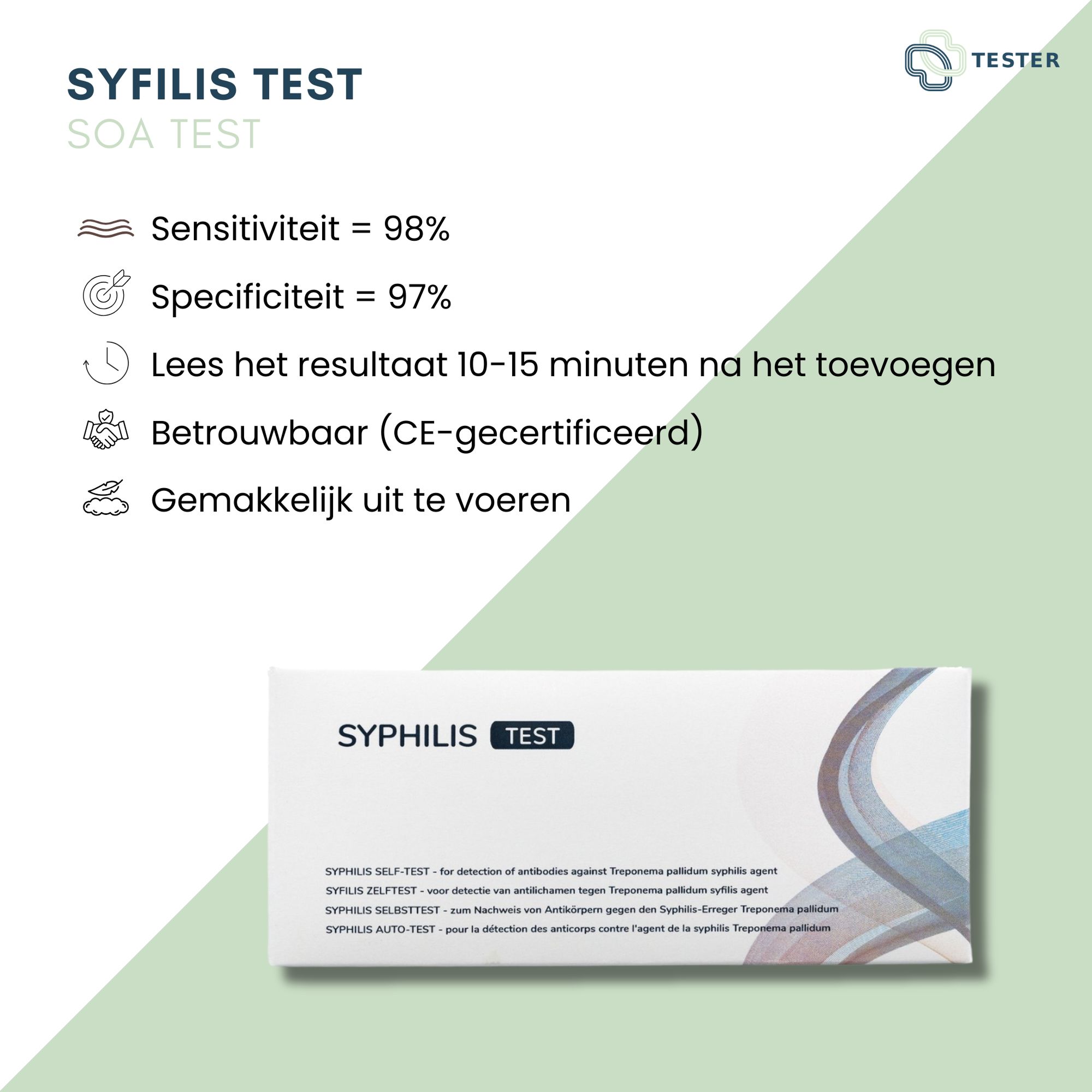 Infographic met "SYPHILIS TEST" verpakking. Gevoeligheid en specificiteit. CE-certificering. Groenachtige achtergrond.