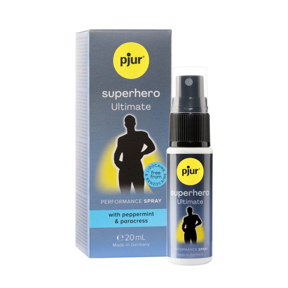 Productfles en verpakking. Opschrift: pjur, superhero Ultimate, Performance Spray. Bevat lidocaïnevrij en benzocaïnevrij. Met pepermunt & paracress.