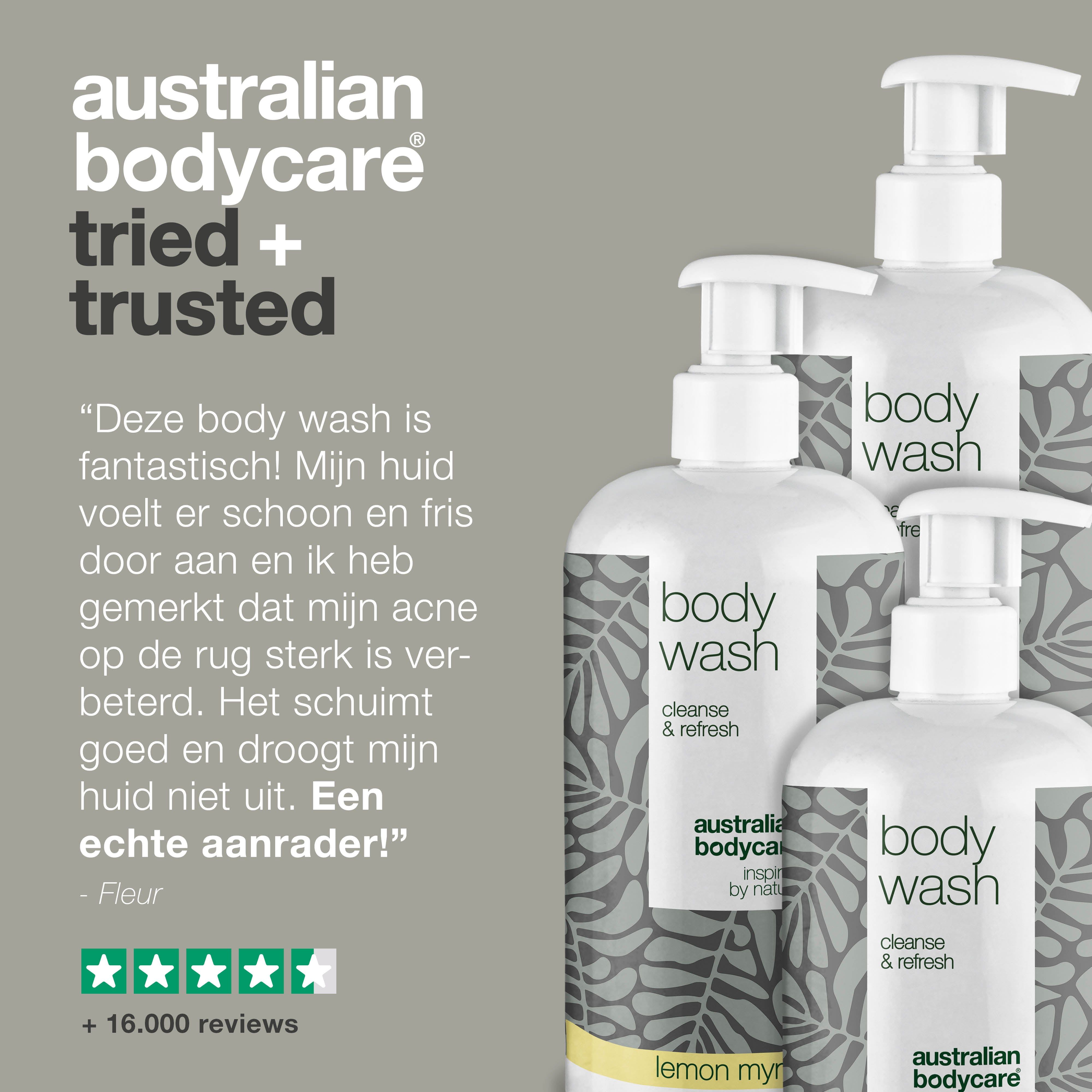 Vier flessen body wash. Tekst: Ce gel douche est fantastisch! +16.000 avis. Sterrenbeoordeling.