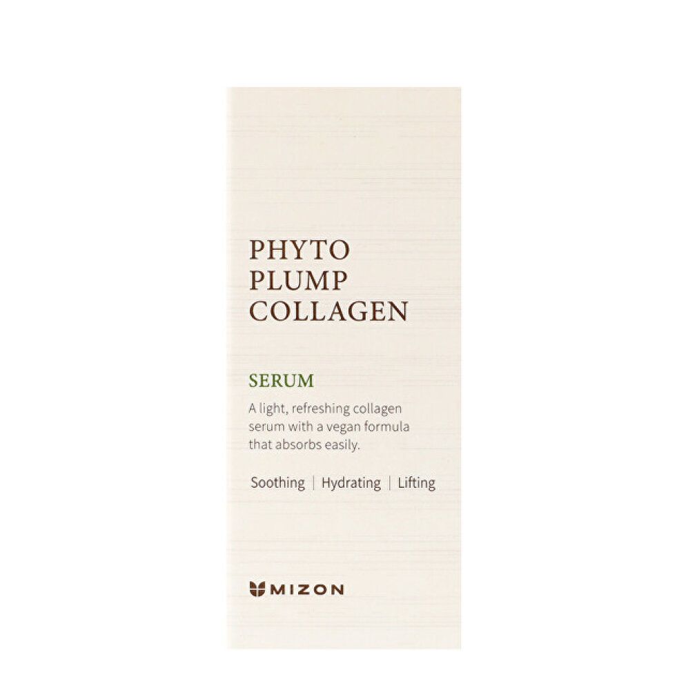 Emballage blanc avec l'inscription : Phyto Plump Collagen Serum. Contient des informations sur le produit et le logo MIZON.