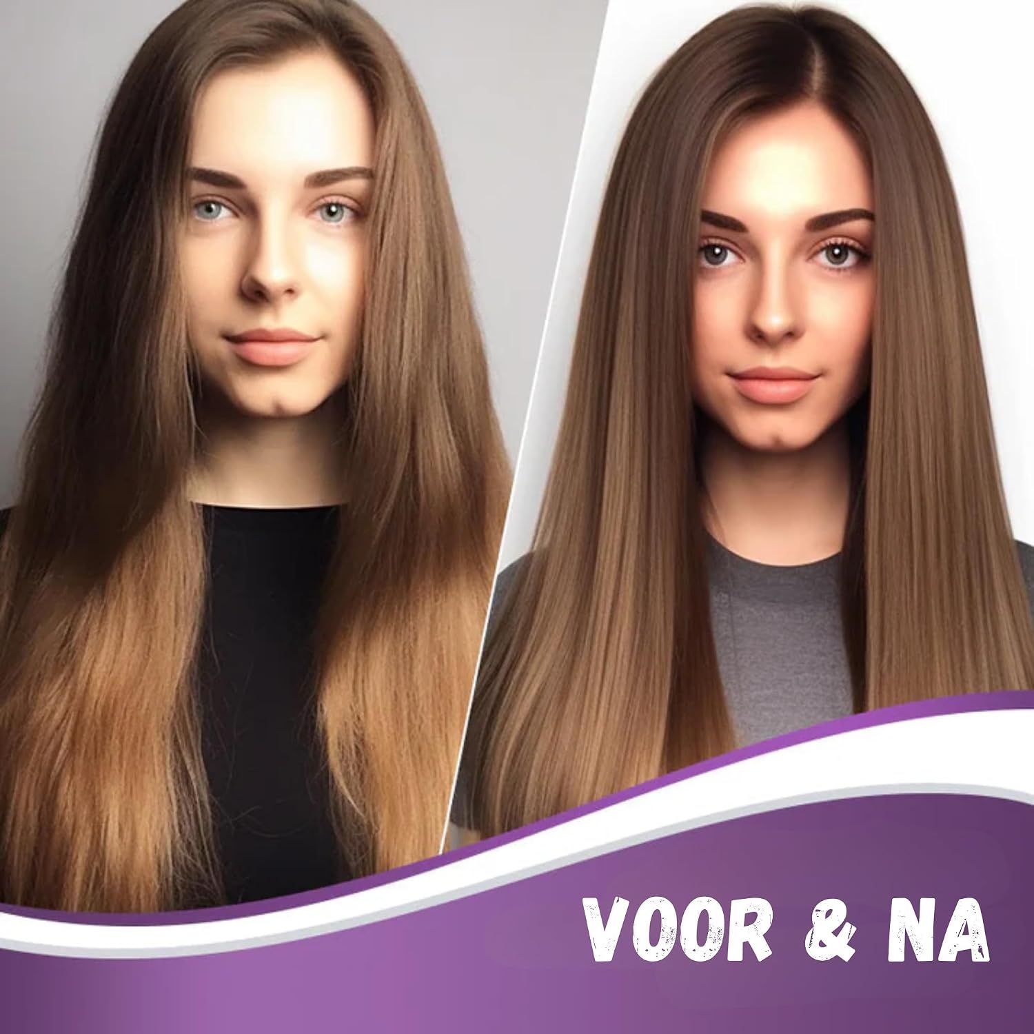 Voor en na vergelijking van een vrouw met lang haar, van dof naar glanzend en verzorgd.