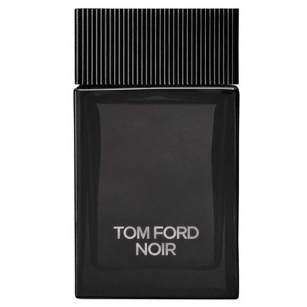 Flacon noir avec bouchon noir. Inscription TOM FORD NOIR en blanc. Forme rectangulaire.