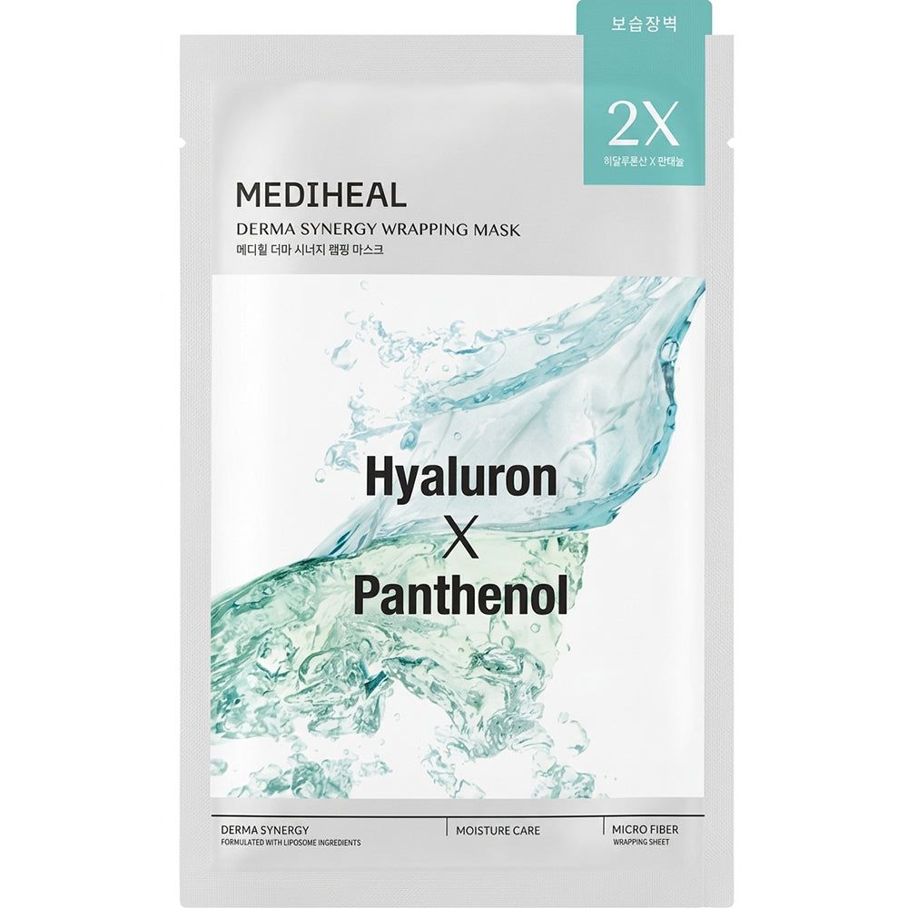 Emballage du masque MEDIHEAL. Contient Hyaluron et Panthenol. Logo 2X.