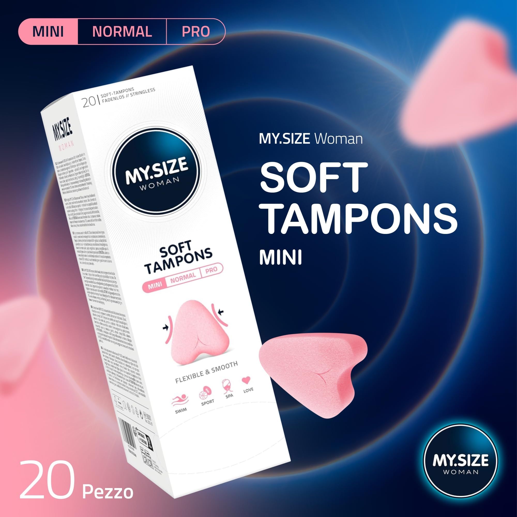 Verpakking MY.SIZE Woman Soft Tampons Mini met een losse tampon. Donkere achtergrond met cirkels.