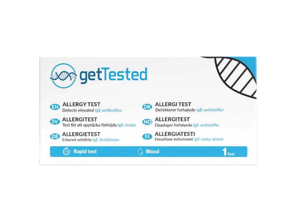 Boîte "getTested" pour test d'allergie. Indique "test rapide" et "sang". Contient un test.