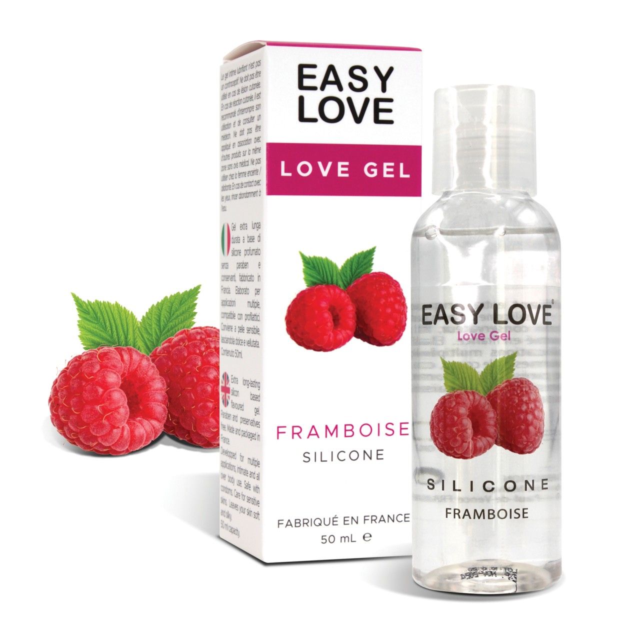Easy Love Love Gel, fruitolie massageolie met frambozensmaak, flesje en doosje van 50ml.