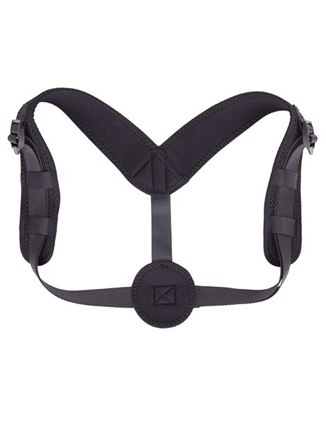 Zwarte houding corrector. Bestaat uit schouderbanden, borstband en rugsteun. Verstelbare gespen en klittenbandsluitingen. Gemaakt van textielmateriaal.