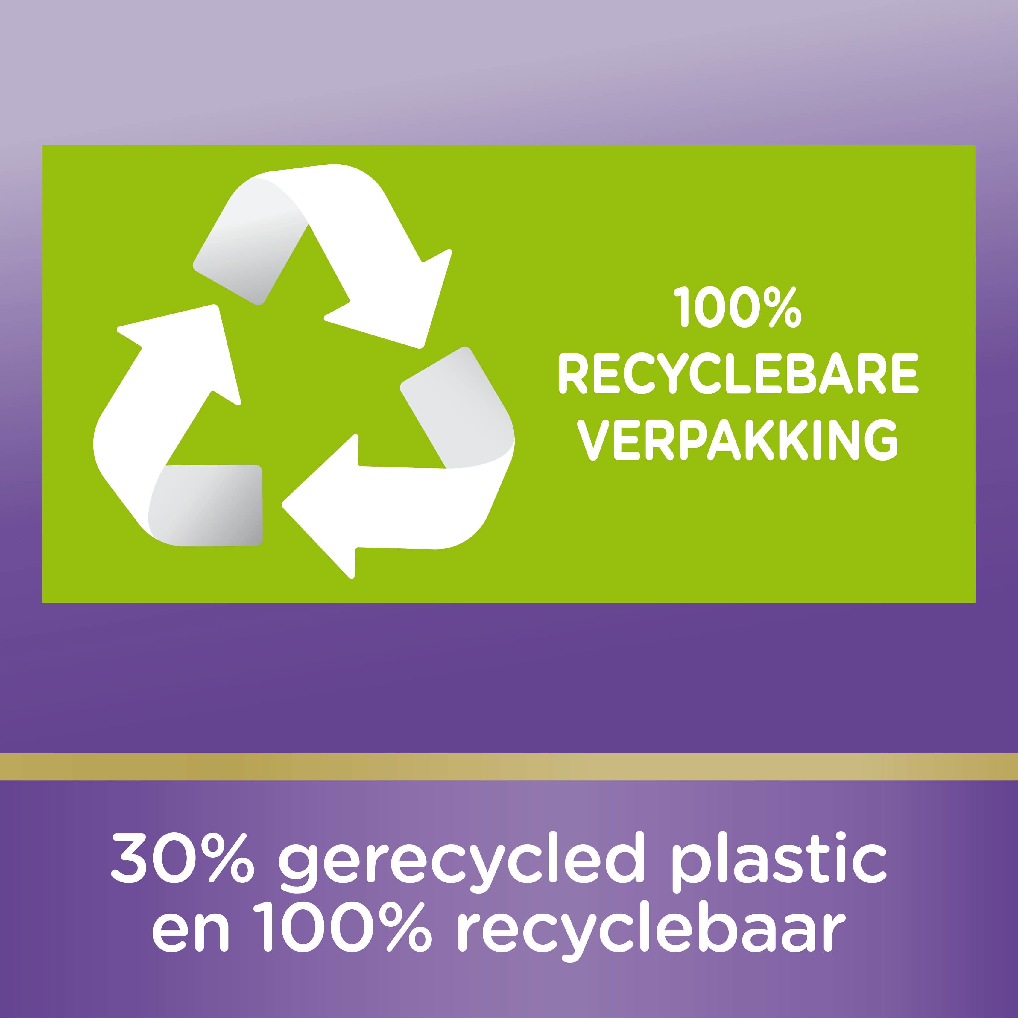 Panneau vert avec symbole de recyclage et texte: Emballage 100% recyclable. Texte: 30% plastique recyclé.