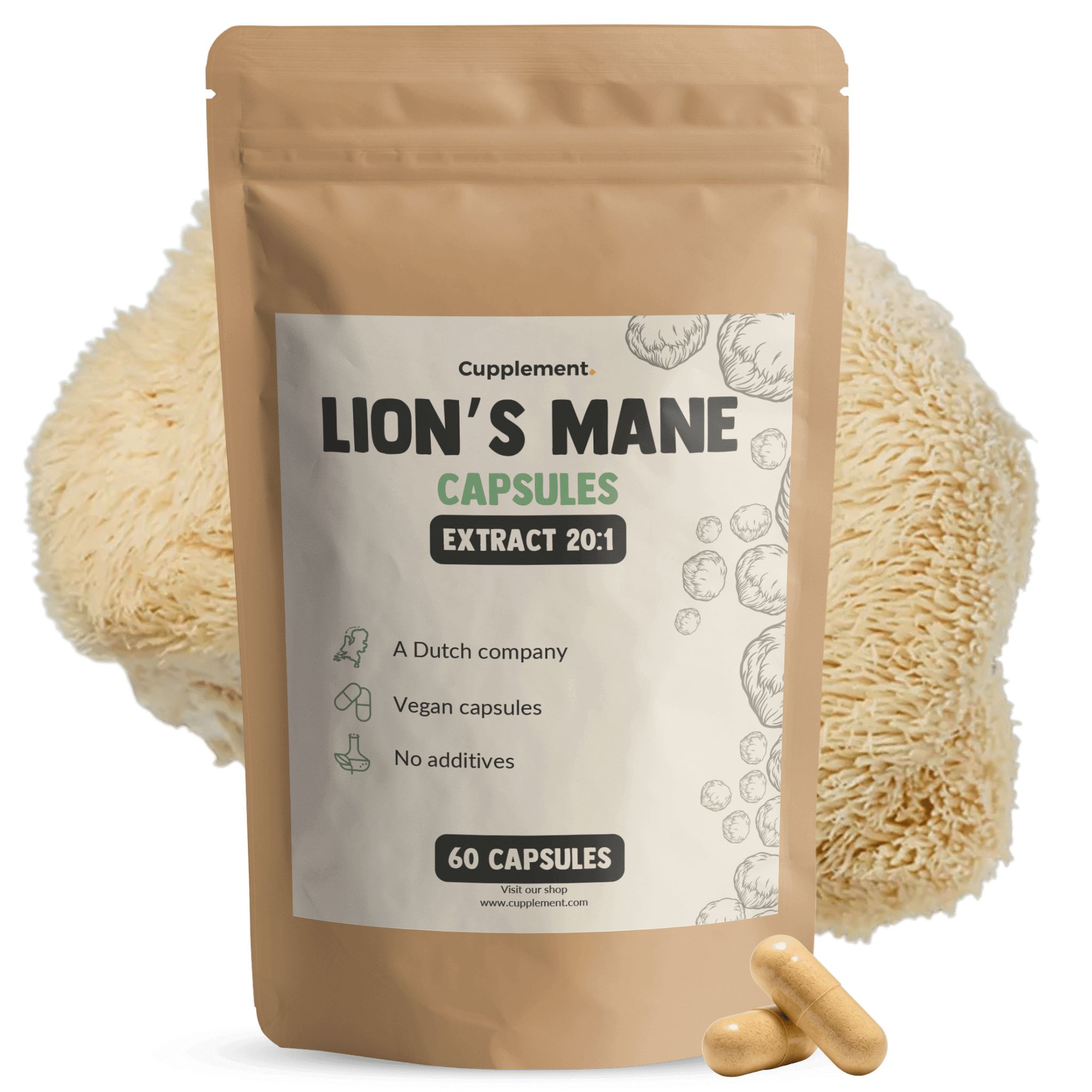Bruine zak met capsules. Opschrift: Lion's Mane Capsules, Extract 20:1, 60 capsules. Veganistisch.