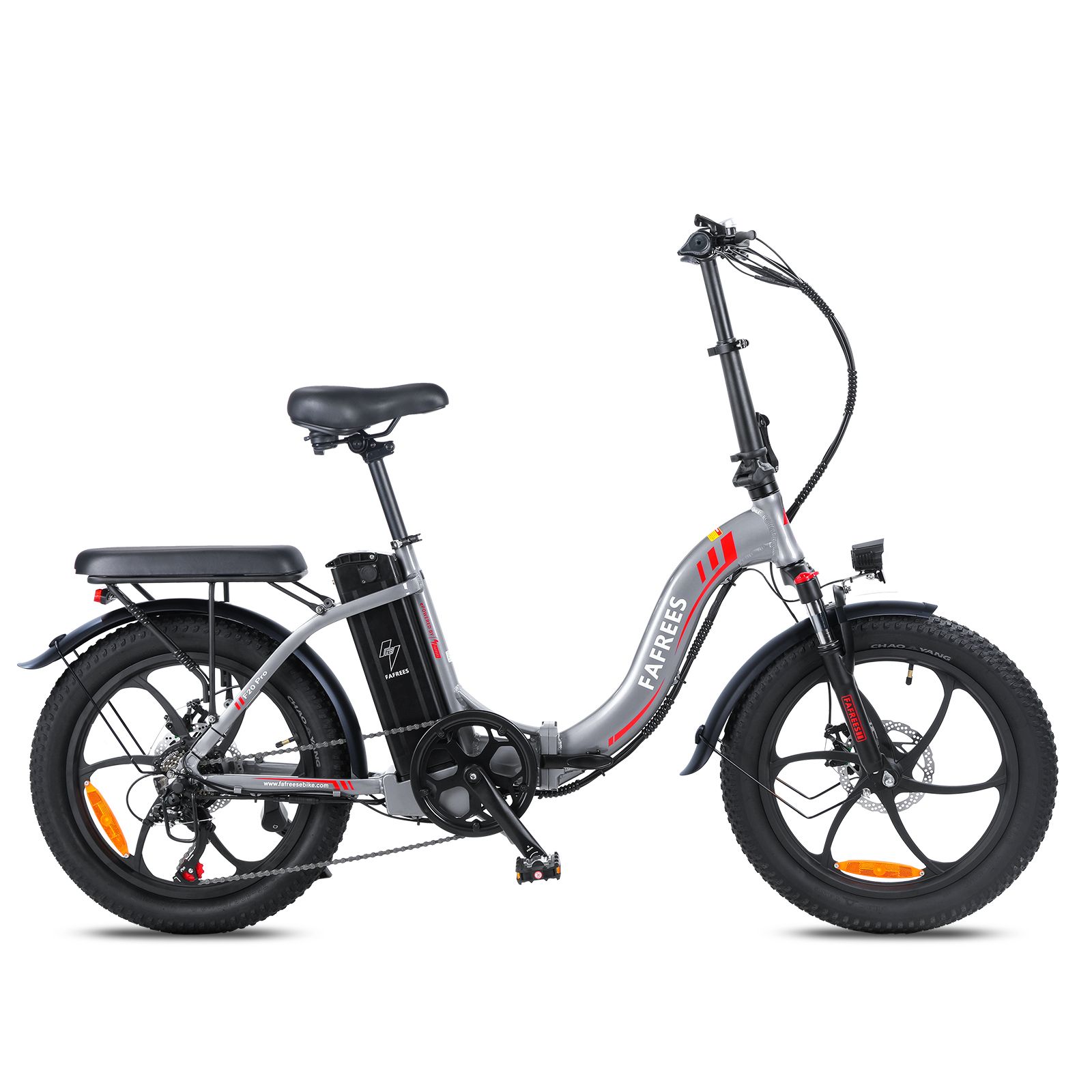 Grijze FAFREES F20 opvouwbare e-bike. Zwarte banden, zadel en bagagedrager. Accu op het frame.