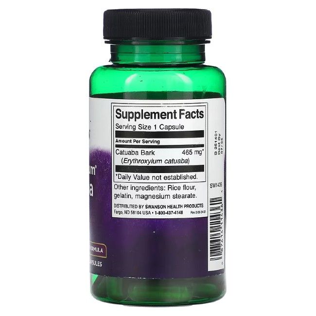 Flacon vert. Dos avec informations nutritionnelles: Catuaba Bark, 465 mg. Autres ingrédients: farine de riz, gélatine, stéarate de magnésium.