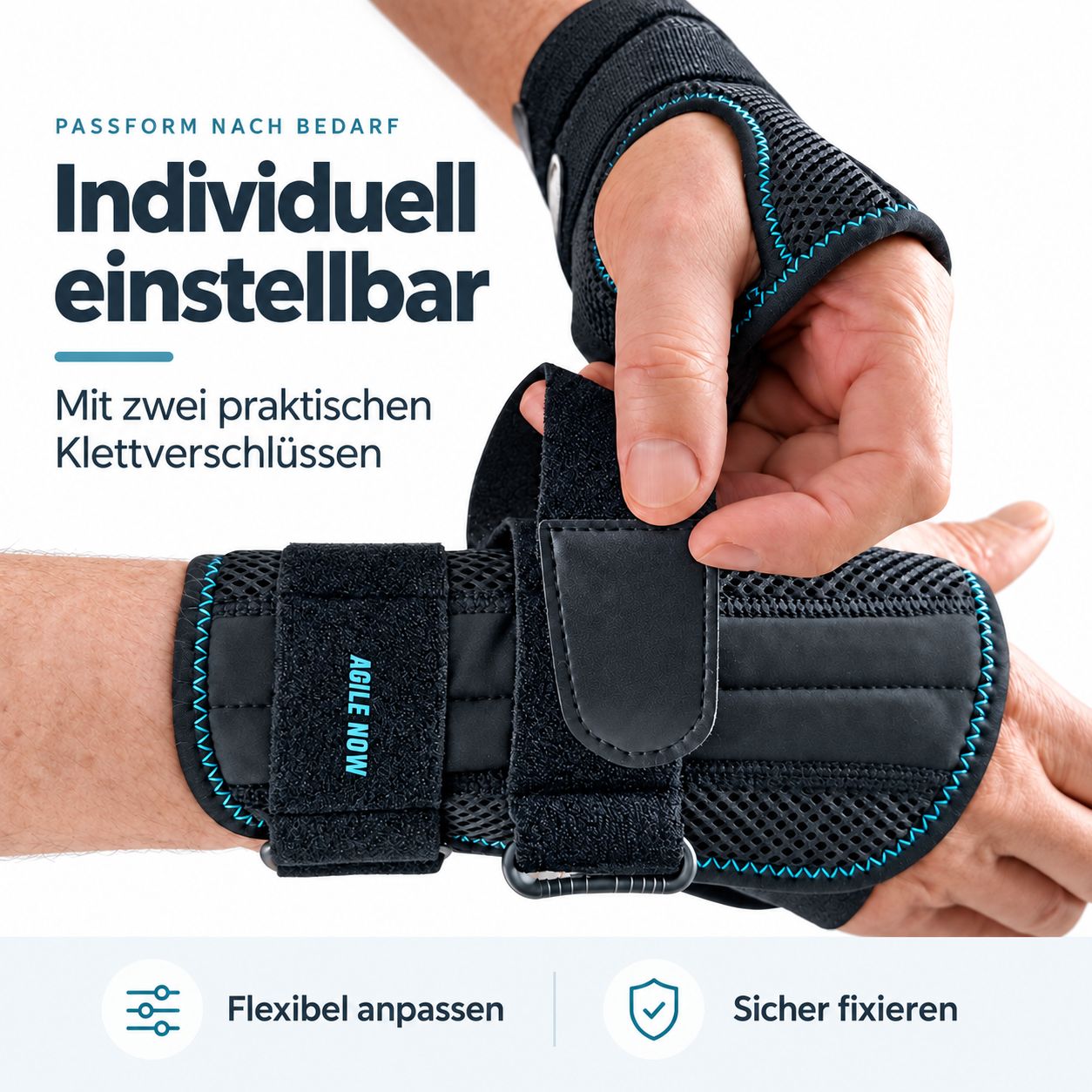 Polsbandage met twee klittenbandsluitingen voor individuele aanpassing. Flexibel en veilig.