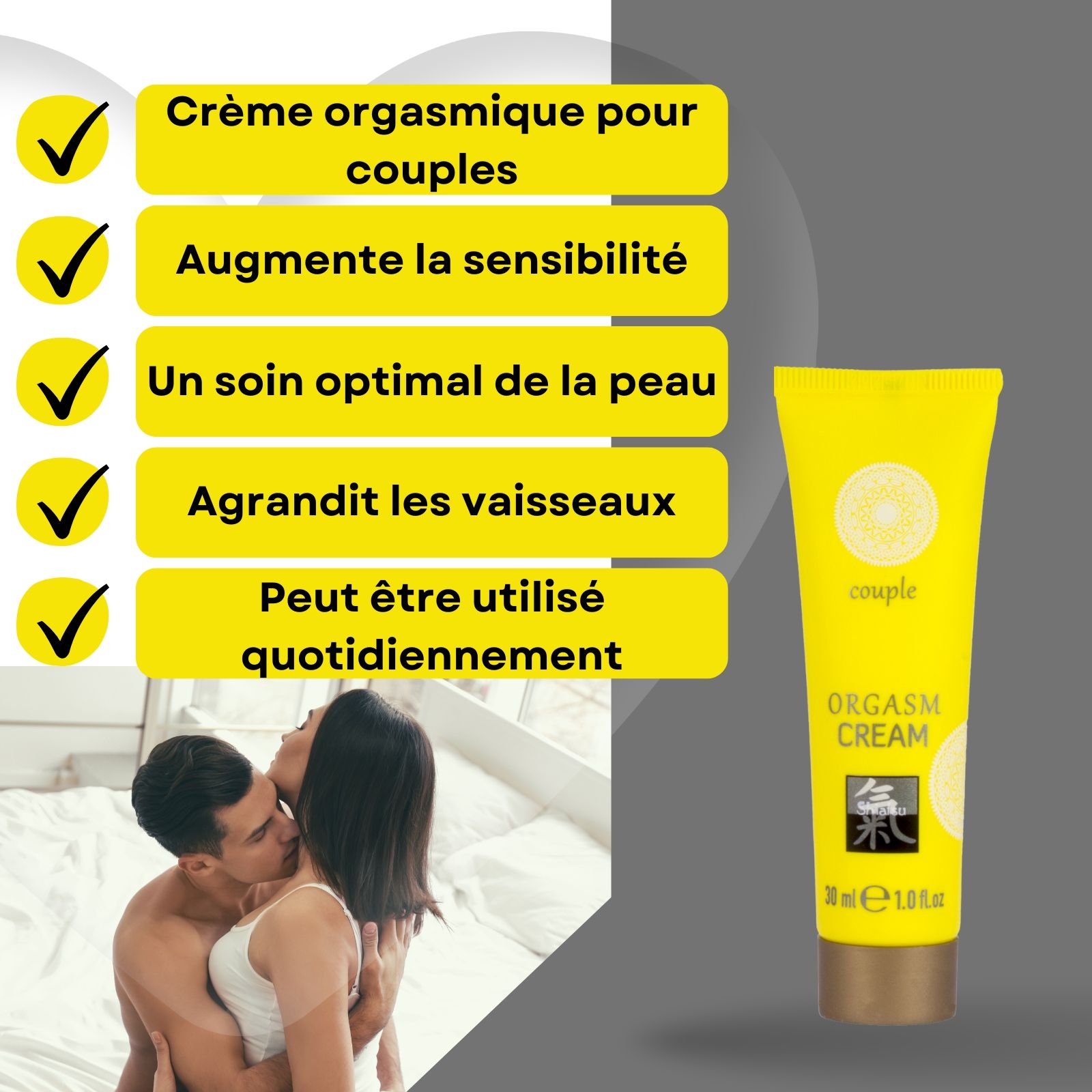 Boîte et tube jaunes. Inscription : ORGASM CREAM, Shiatsu, 30 ml. Couple et chaussures rouges.