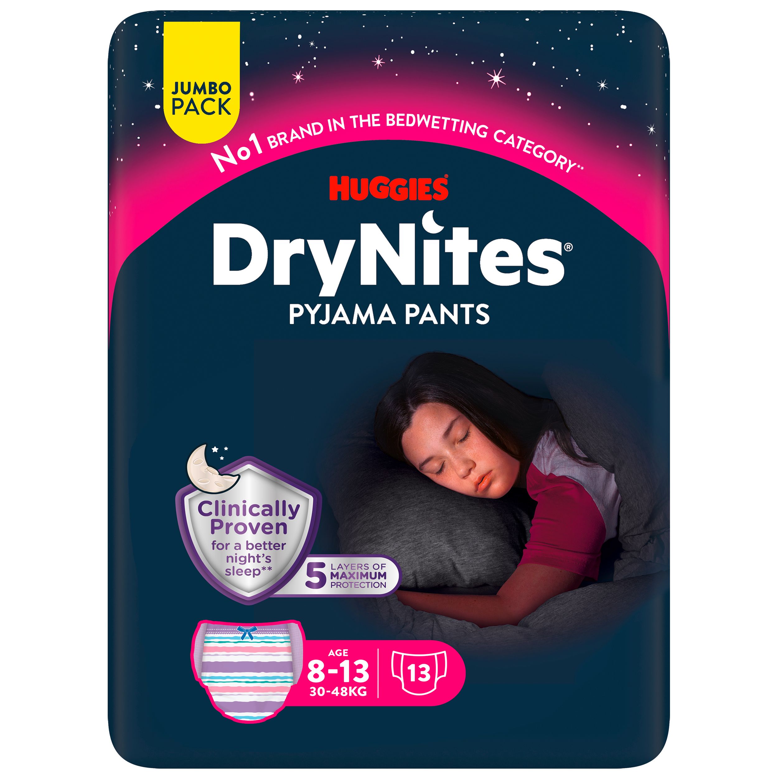 Huggies DryNites Pyjama Pants, Jumbo Pack. Voor meisjes 8-13 jaar, 30-48 kg. 5 lagen bescherming. Slapend meisje op de verpakking.