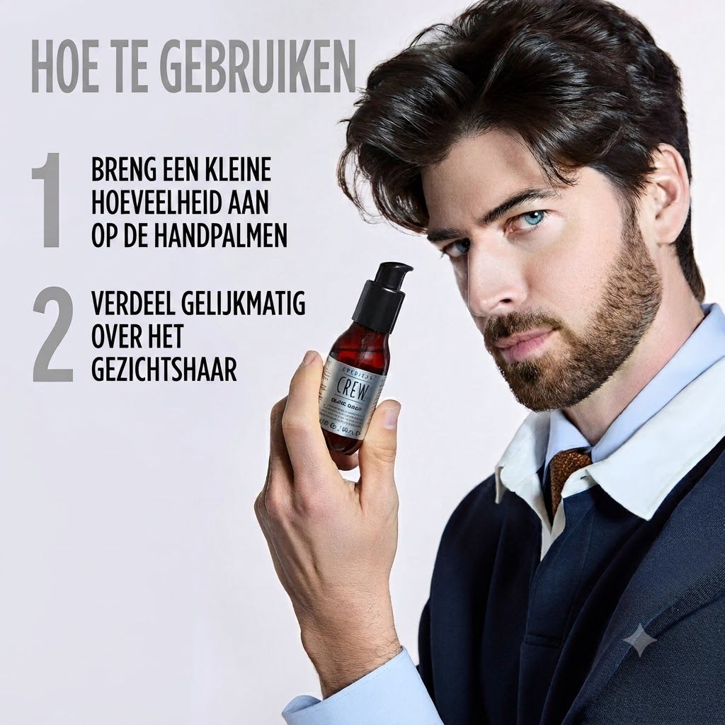 Man houdt AMERICAN CREW Bartserum fles vast, gebruiksinstructies.