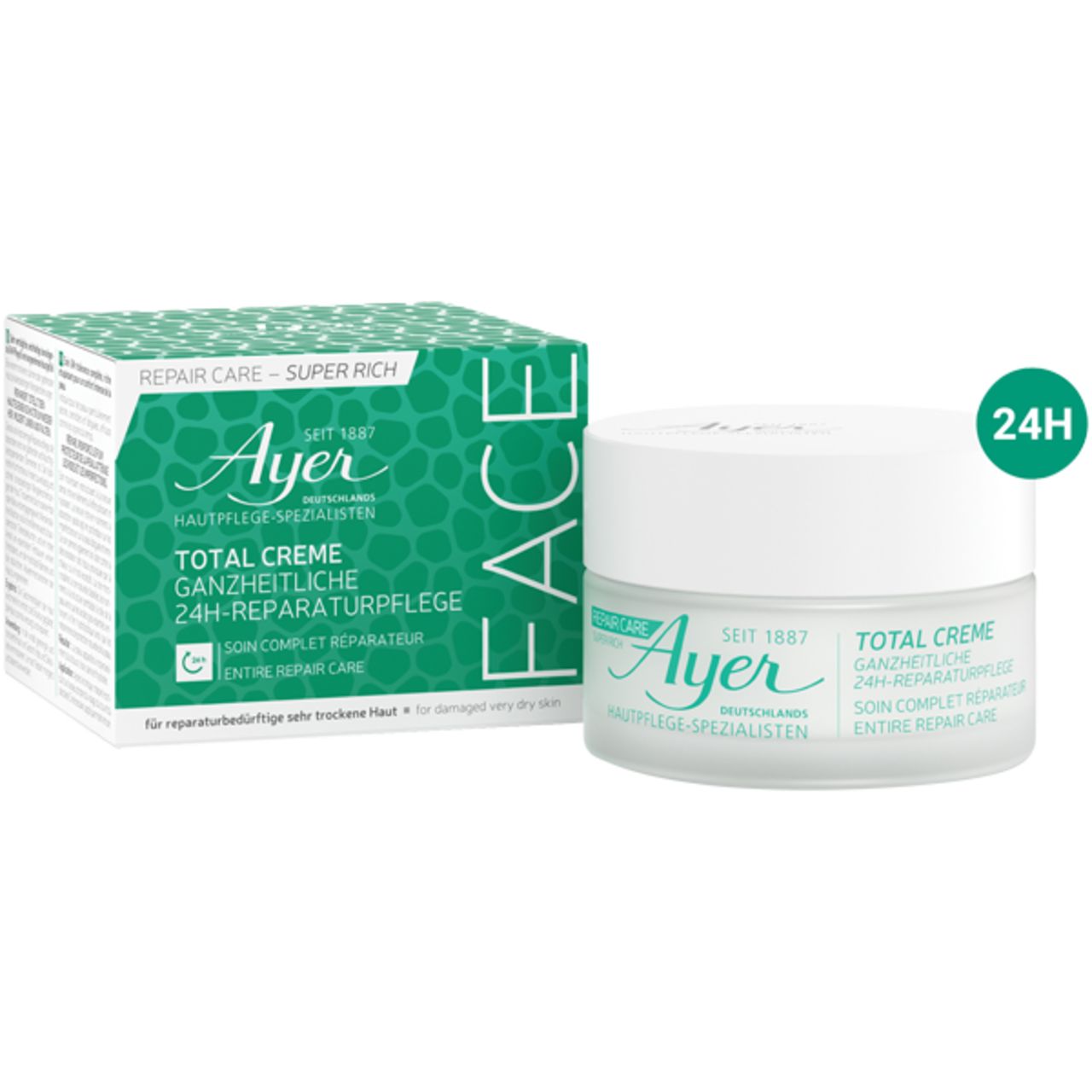 Ayer Total Creme, pot en verpakking. Opschrift: 24H herstelverzorging. Groen-witte verpakking.