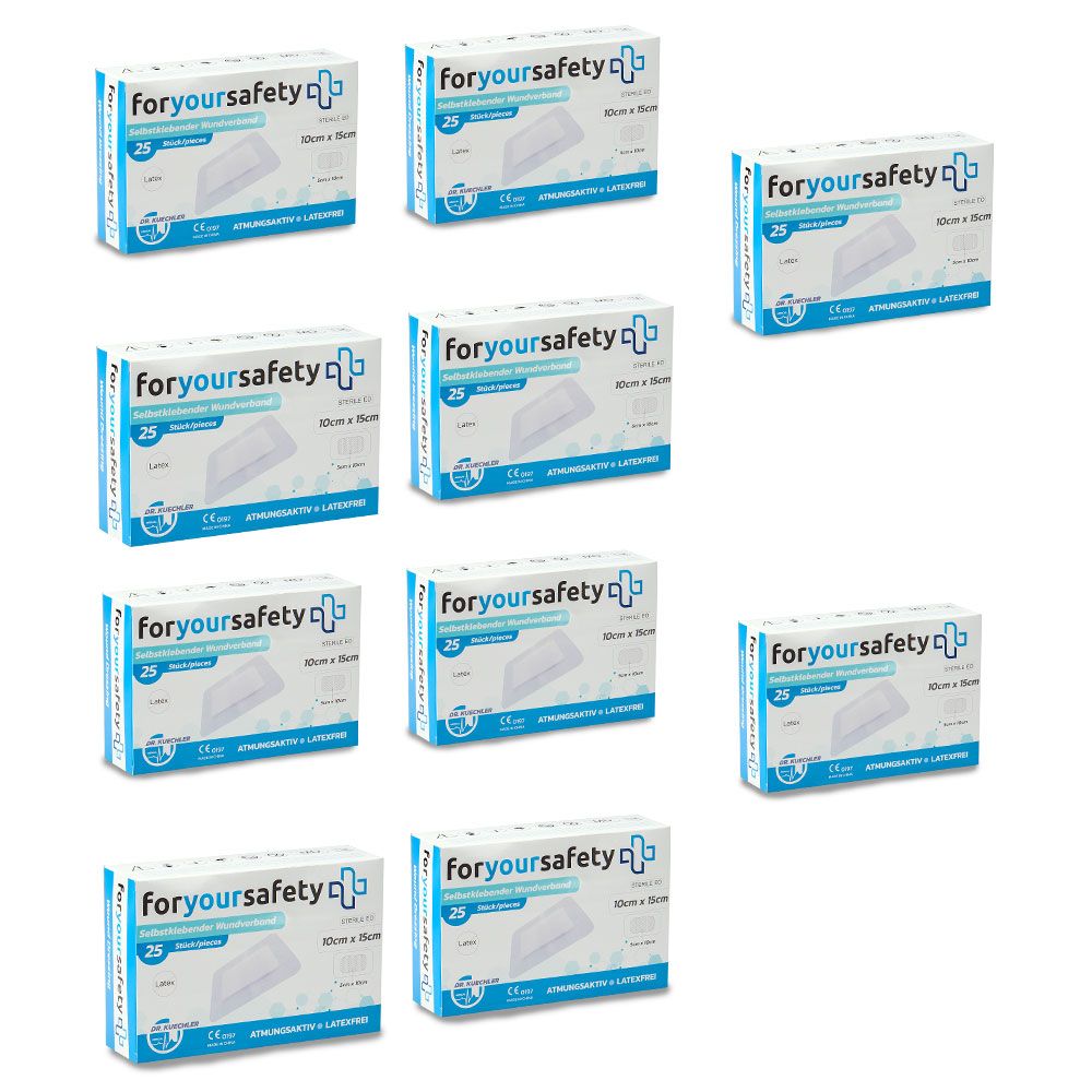 Meerdere verpakkingen pleisters. Opschrift: foryoursafety, 25 stuks, 10x10cm. Steriel, ademend, latexvrij.