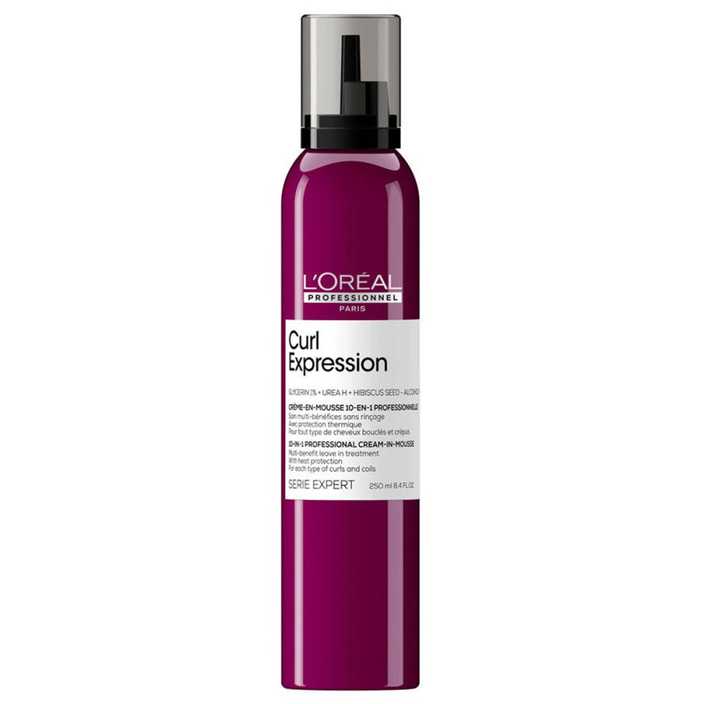 Fles L'Oréal Professionnel Curl Expression. Paarse fles met zwarte pomp. Wit etiket met tekst.