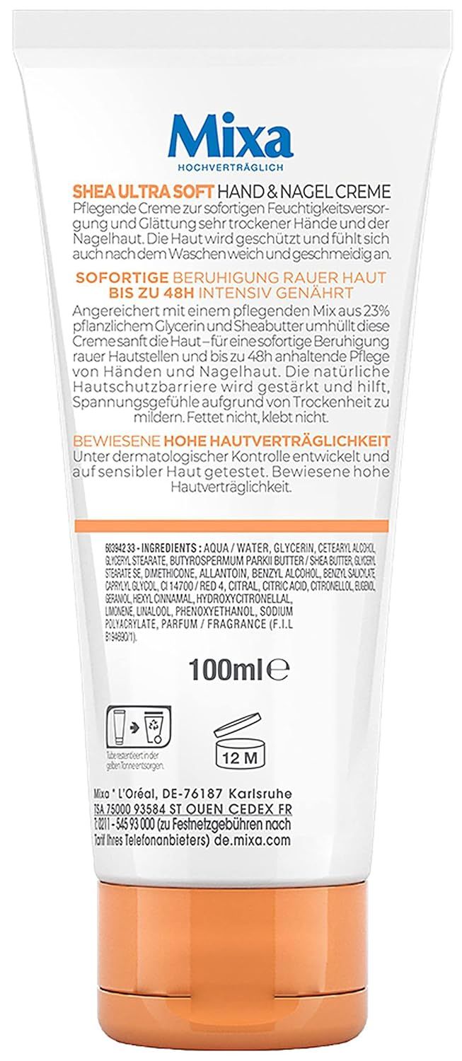 Dos du tube Mixa Shea Ultra Soft Hand & Nagelcreme. Ingrédients, informations fabricant et 100ml.