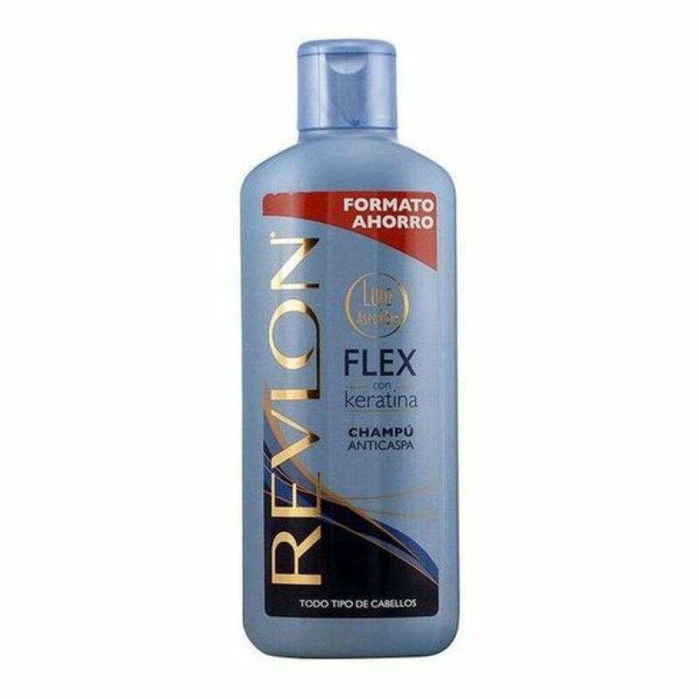 Blauwe fles Revlon Flex anti-roos shampoo. Bevat keratine. Rood label "Formato Ahorro".