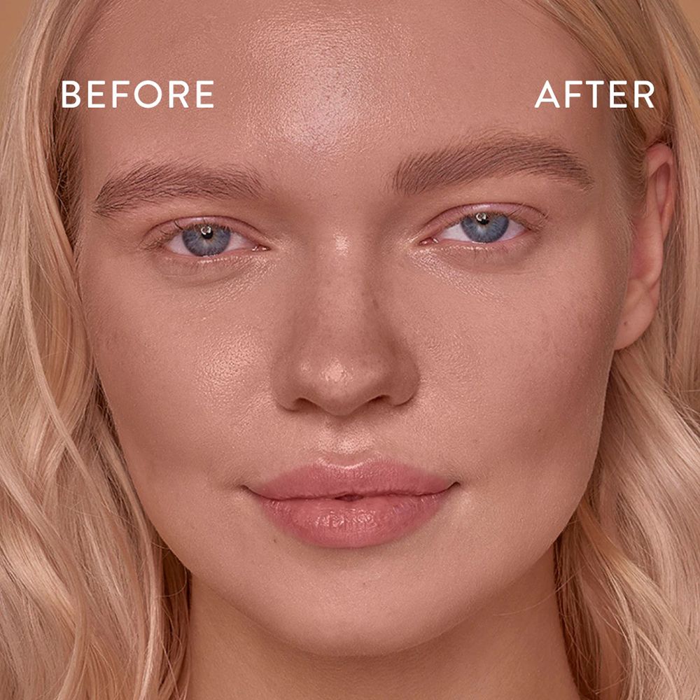 Visage d'une femme aux cheveux blonds. « AVANT » et « APRÈS » sur le front.