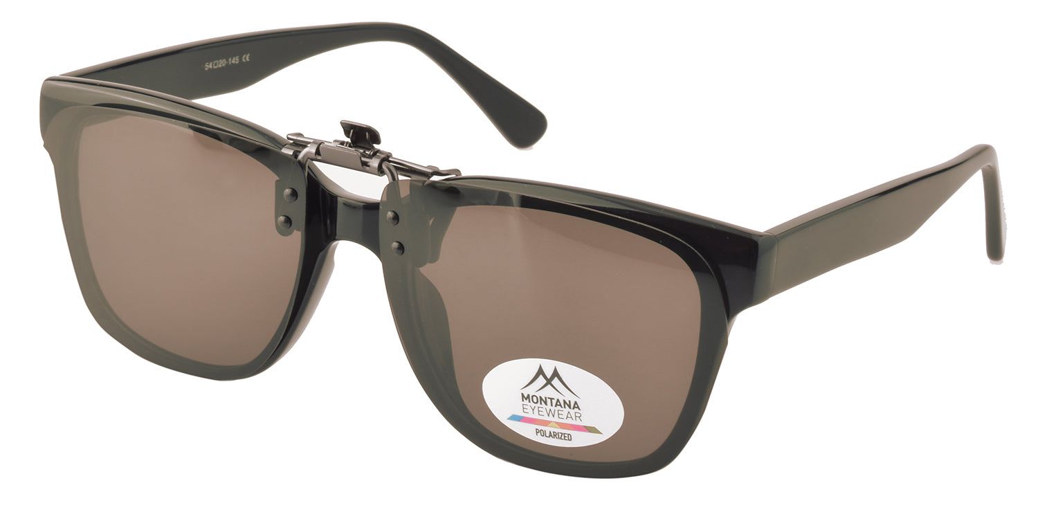 Zwarte bril met bruine clip-on zonnebril. Logo "MONTANA EYEWEAR POLARIZED".