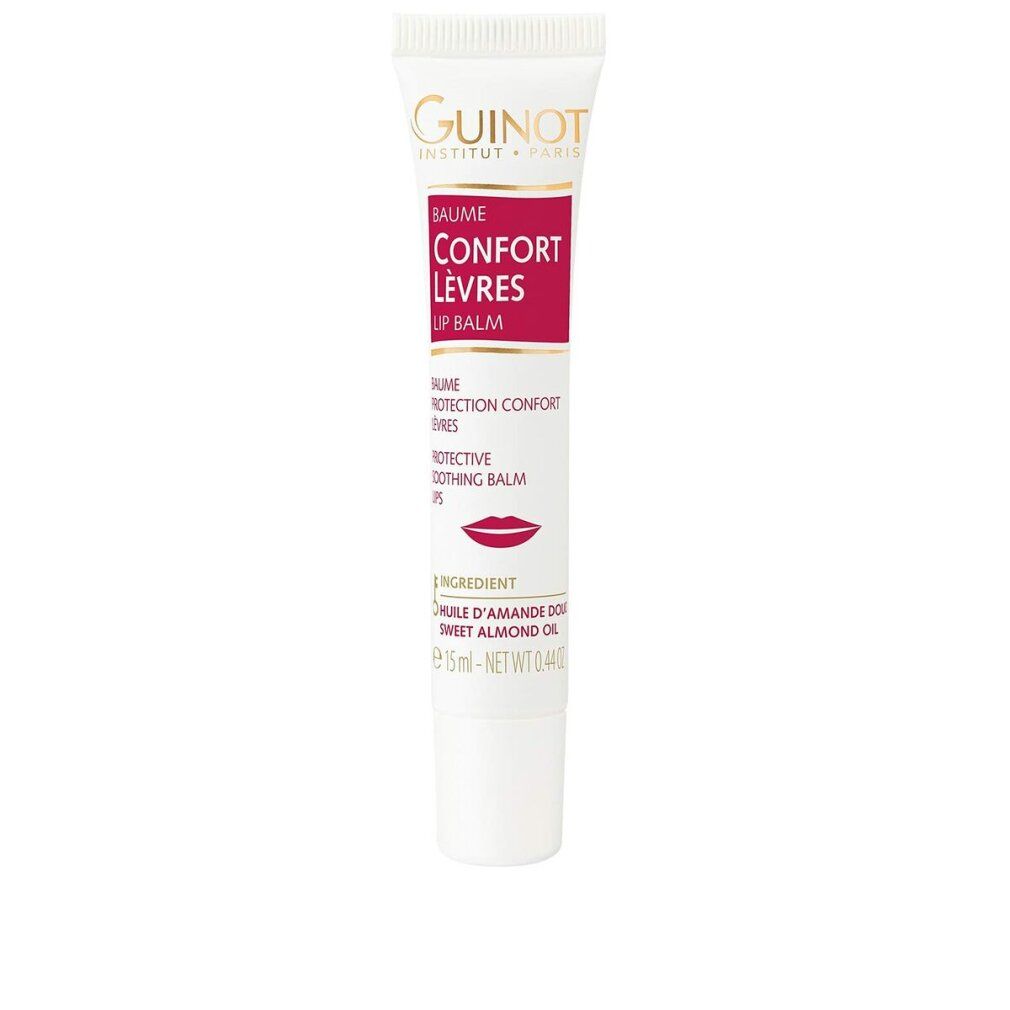 Guinot Confort Lèvres Lip Balm. Witte tube met roze etiket. Tekst: Confort Lèvres, Protective Soothing Balm. 15ml.